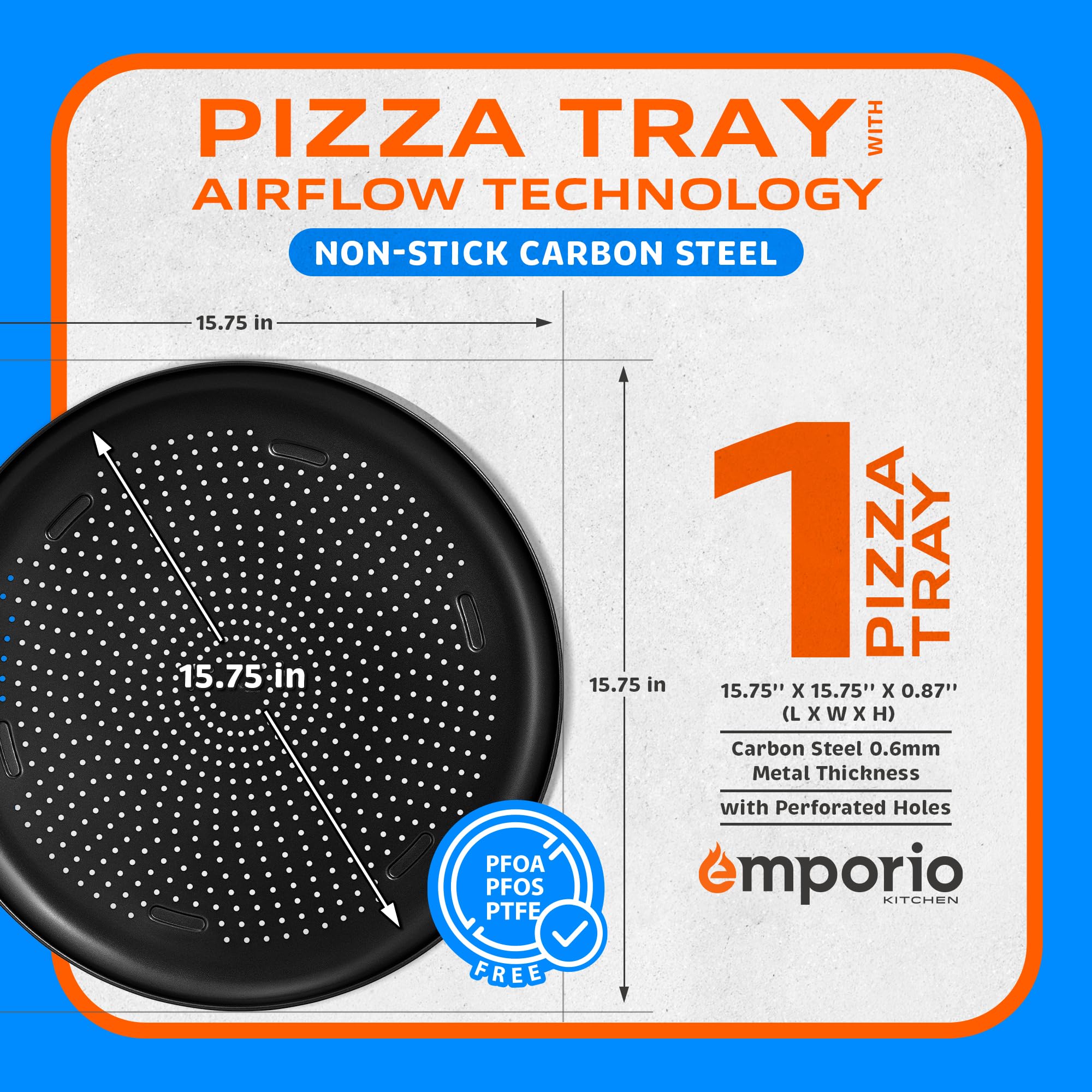 15.75-Inch Round Perforated Carbon Steel Pizza Baking Pan - Non-Stick Coating, Oven & Dishwasher Safe (450°F), PFOA/PFOS/PTFE Free, Airflow Design - Perfect for Homemade Pizza, Bread, Cookies & Baking in Oven or Grill