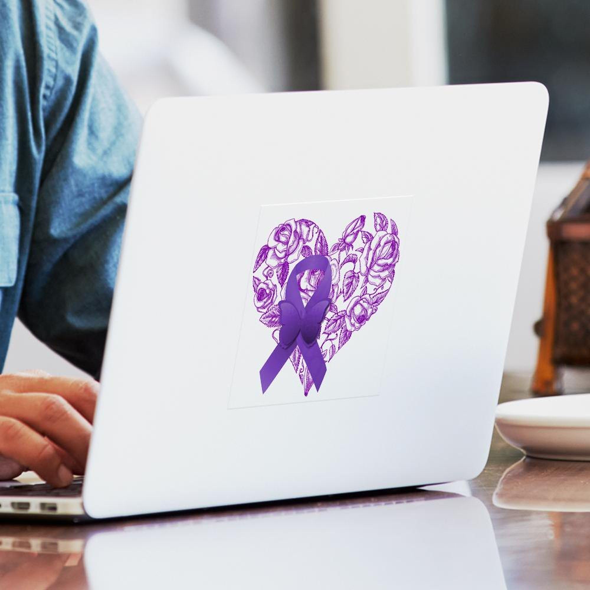 Purple Awareness Ribbon with Roses Sticker - Square Bumper Car Decal for Windows, Laptops & Notebooks - Show Support for Cancer Awareness & Causes