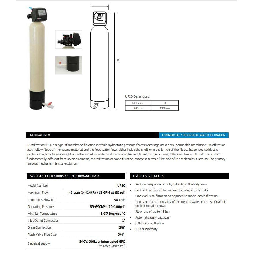 Puretec UF10 Composite Ultra Filtration System (45 LPM) - High Capacity Water Purification for Home & Commercial Use | Removes Impurities, Bacteria & Viruses | Perfect for Drinking Water, Cooking & Aquariums