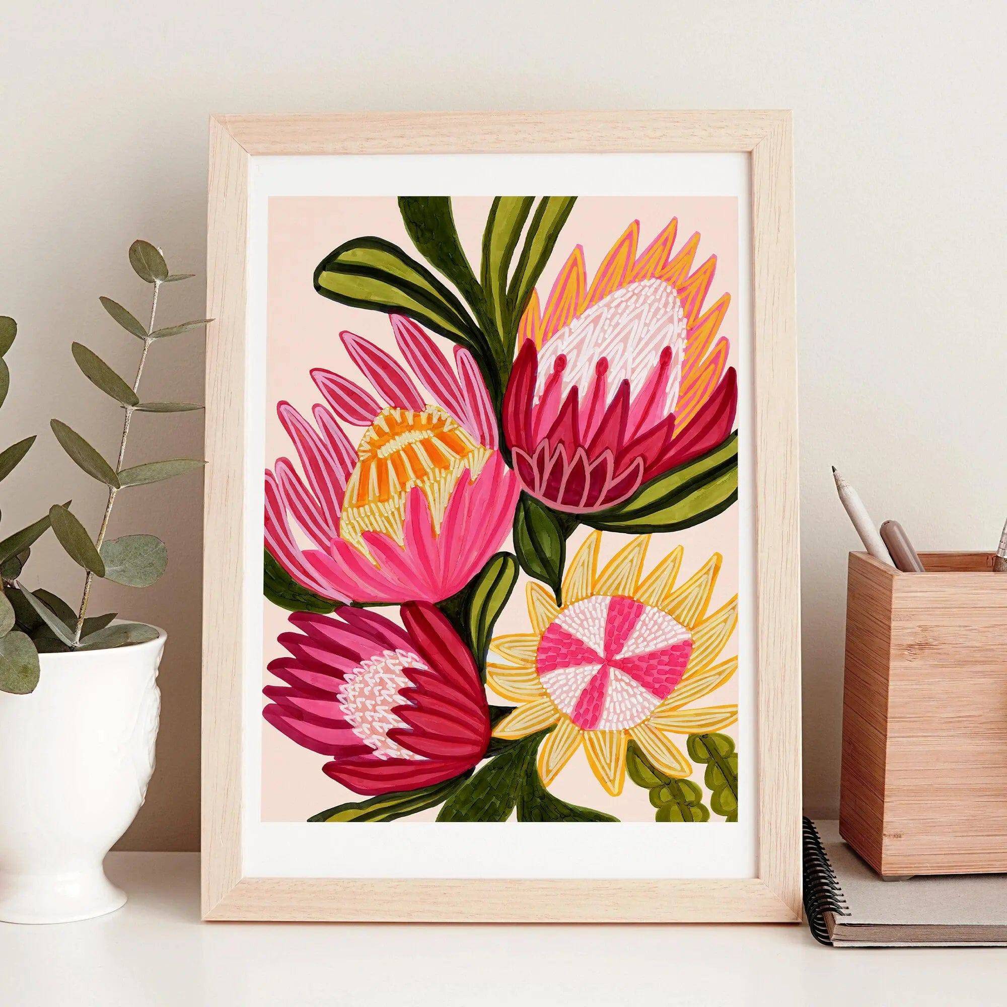 King Red Protea Flowers Wall Art Giclee Print - Premium Botanical Home Decor for Living Room, Bedroom & Office