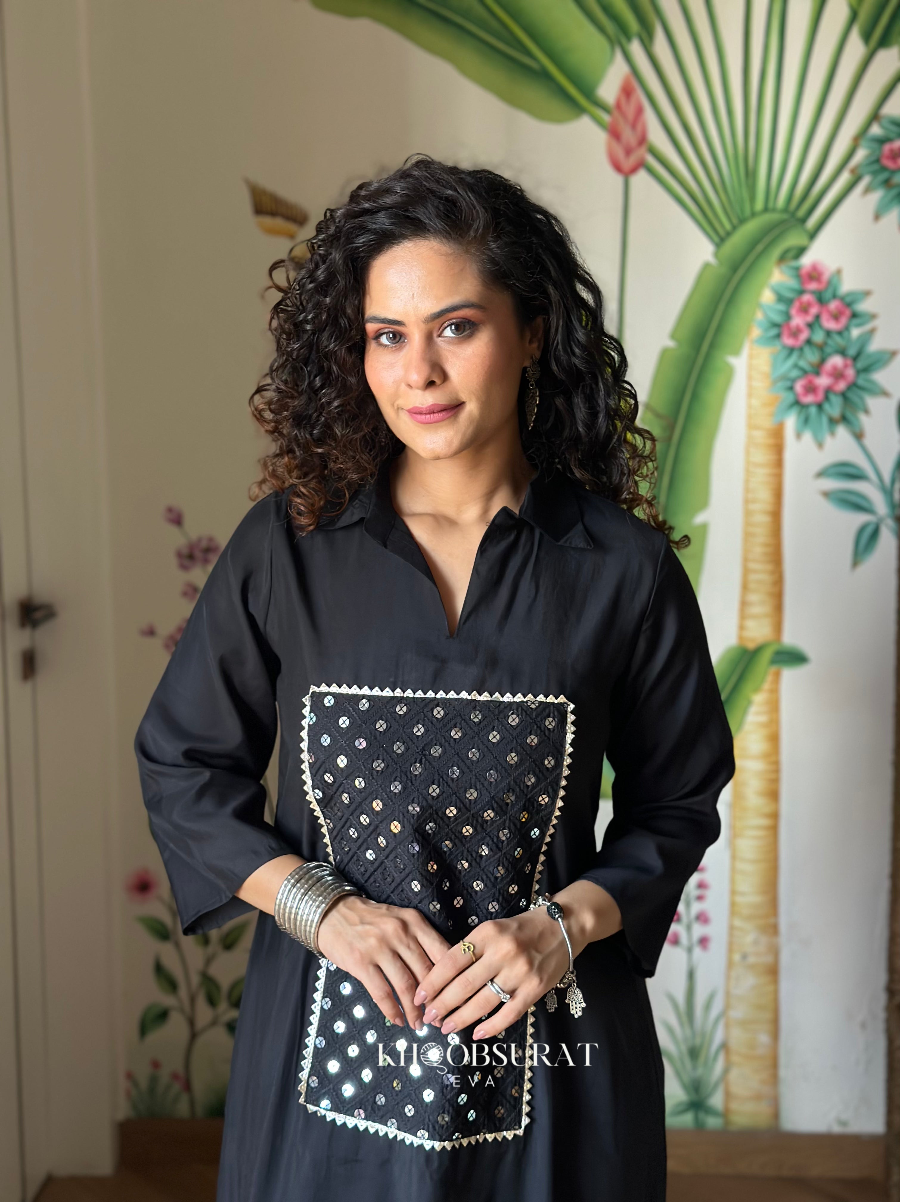Glowy Fox Black Sequin Kurta Set for Women - Stylish Indian Ethnic Wear for Parties, Weddings & Festive Occasions