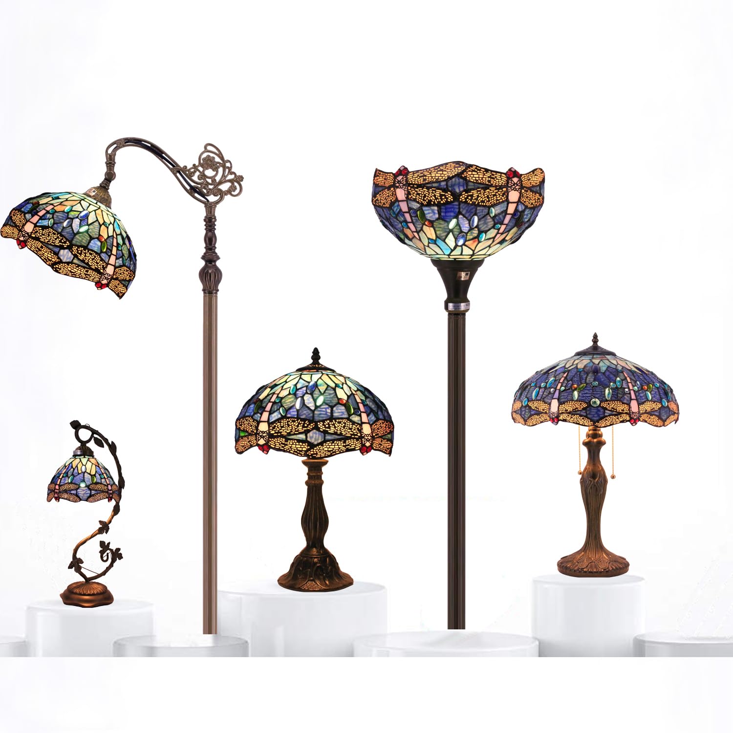 WERFACTORY Tiffany Style Dragonfly Stained Glass Table Lamp - 16x16x24 Inch Blue Bedside Reading Light with Metal Base for Bedroom, Living Room & Home Office (S631 Series) | Perfect for Cozy Ambiance, Study & Relaxation