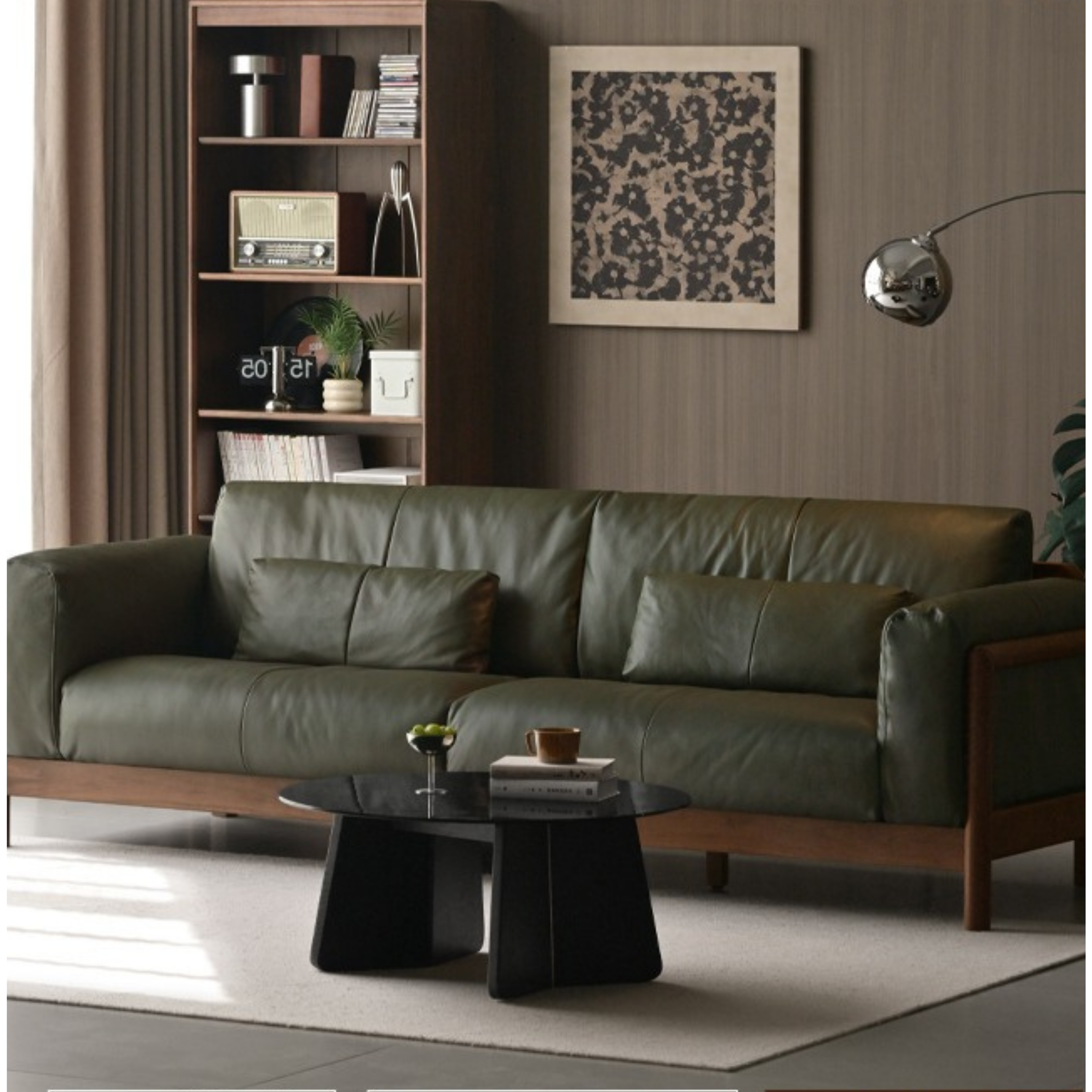 Modern Black Walnut Solid Wood Leather Sofa - Luxury Living Room Furniture for Home & Office Decor