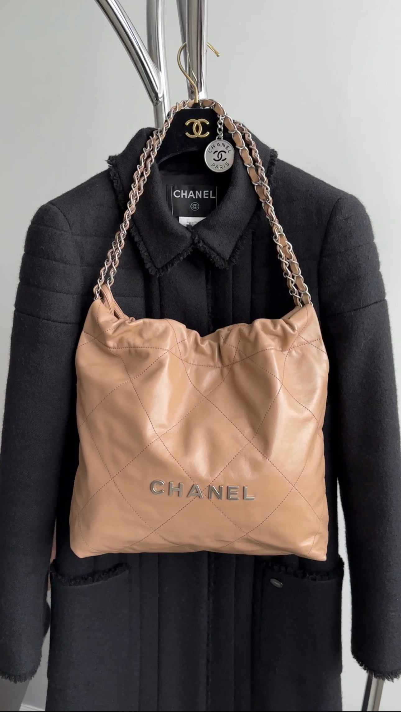 Chanel 22 Beige Glossy Leather Medium Chain Shoulder Bag - Luxury Designer Handbag for Women, Perfect for Date Night & Special Occasions