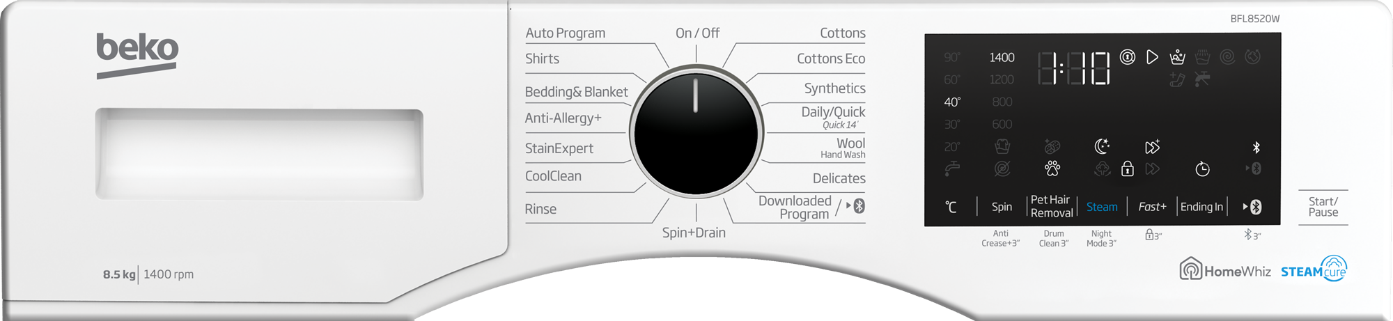 Beko 8.5kg Front Load Washing Machine with SteamCure Technology & Bluetooth Connectivity BFL8520W - Perfect for Small Apartments, Laundry Rooms & Smart Homes