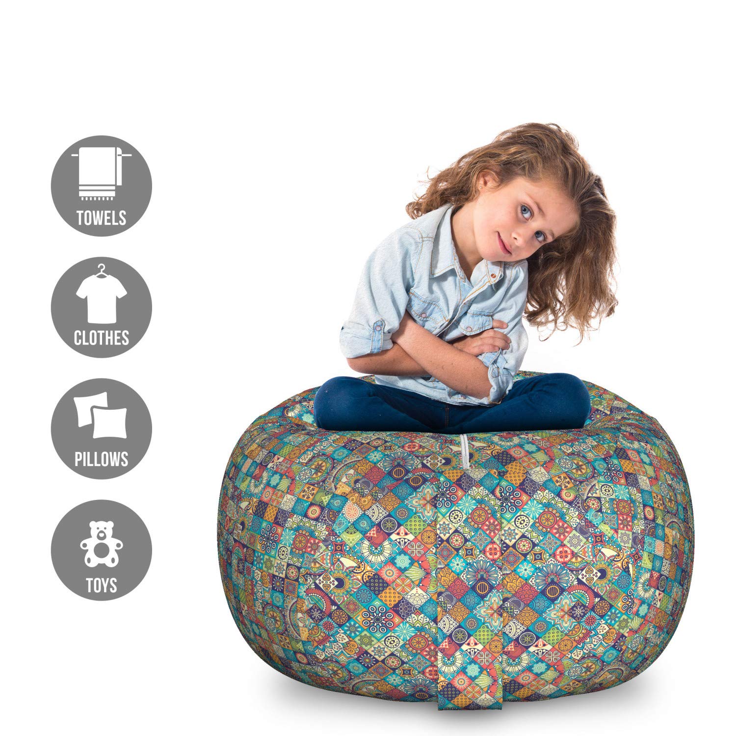 Ambesonne Bohemian Storage Toy Bag Chair - Large Washable Organizer with Geometric Floral Folk Art Design - Perfect for Kids' Room, Nursery, and Playroom Decor