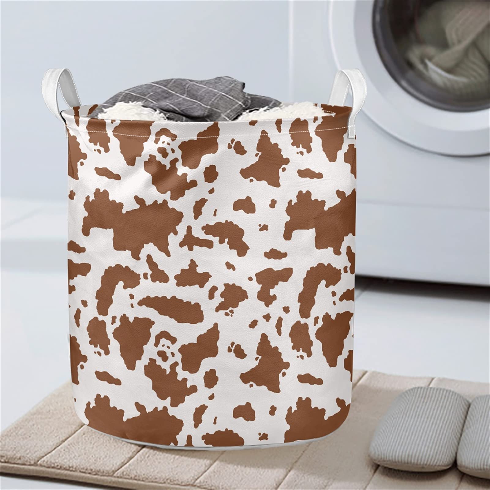 STUOARTE Cow Print Laundry Hamper with Handle - Collapsible Waterproof Canvas Clothes Basket for Baby, Kids & Adults - Foldable Toy Storage Organizer for Nursery, Bedroom, Bathroom & Playroom