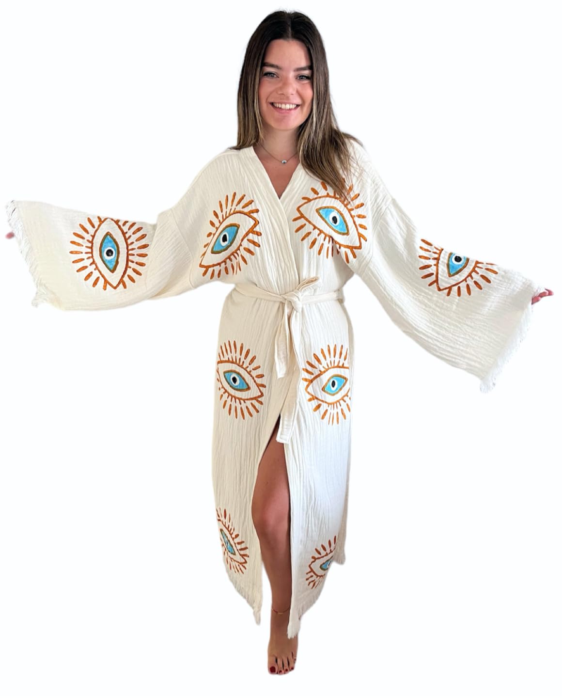 Handmade Evil Eye Kimono for Women - Bohemian Beach Cover Up, Festival Robe & Cotton Cardigan - Lightweight Dressing Gown for Summer, Yoga, Poolside & Vacation Wear