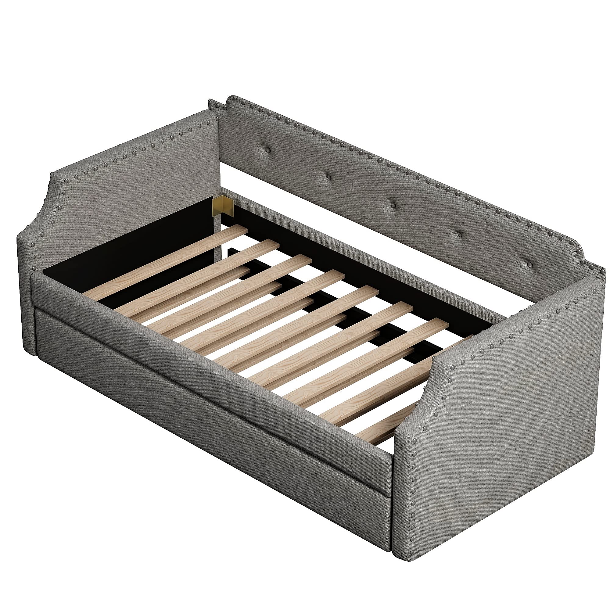 Twin Bed with Trundle - Upholstered Wood Daybed Frame, No Box Spring Needed, Grey - Perfect for Guest Rooms, Kids Rooms & Small Spaces