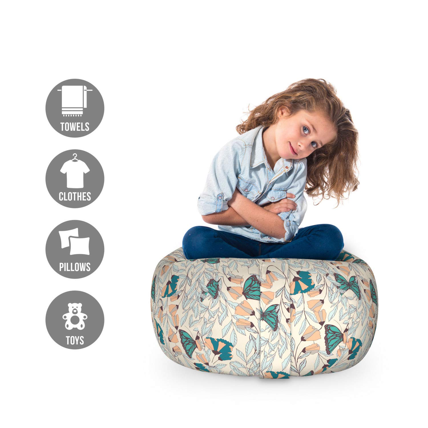 Ambesonne Floral Storage Toy Bag Chair with Burgeoning Flowers & Monarch Butterflies - Washable Stuffed Animal Organizer, Small Size (Eggshell Dark Seafoam) - Perfect for Kids' Room, Nursery, or Playroom Organization