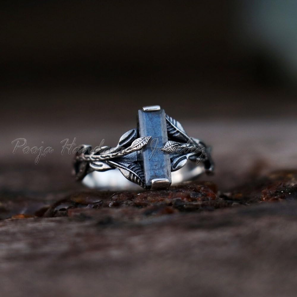 Labradorite Silver Ring for Women - 925 Sterling Silver Tree Branch Ring with Leaves Design, Handmade Rectangle Bar Ring, Gift for Wife, Sister, or Loved Ones | Perfect for Weddings, Anniversaries, and Special Occasions