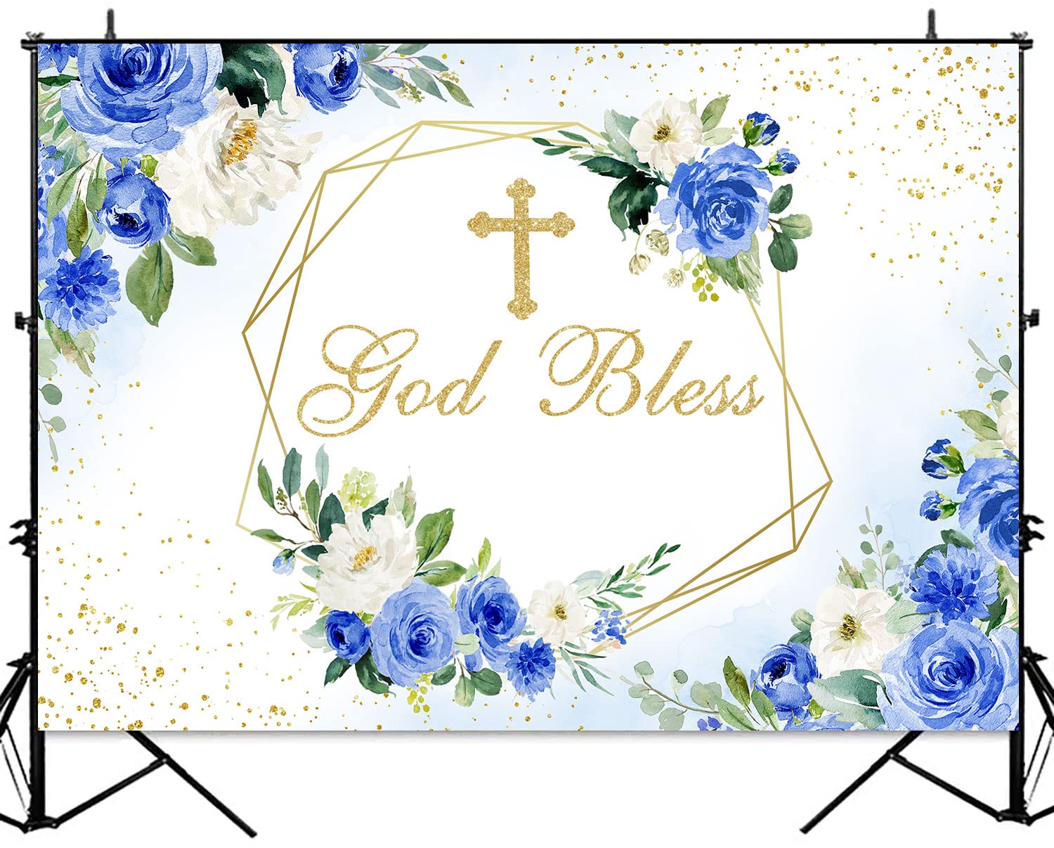 Premium Blue & Gold Floral Baptism Backdrop – God Bless First Holy Communion, Christening, Baby Shower Decor – 7x5ft Photography Banner for Church Events, Birthday Parties & Family Photo Shoots