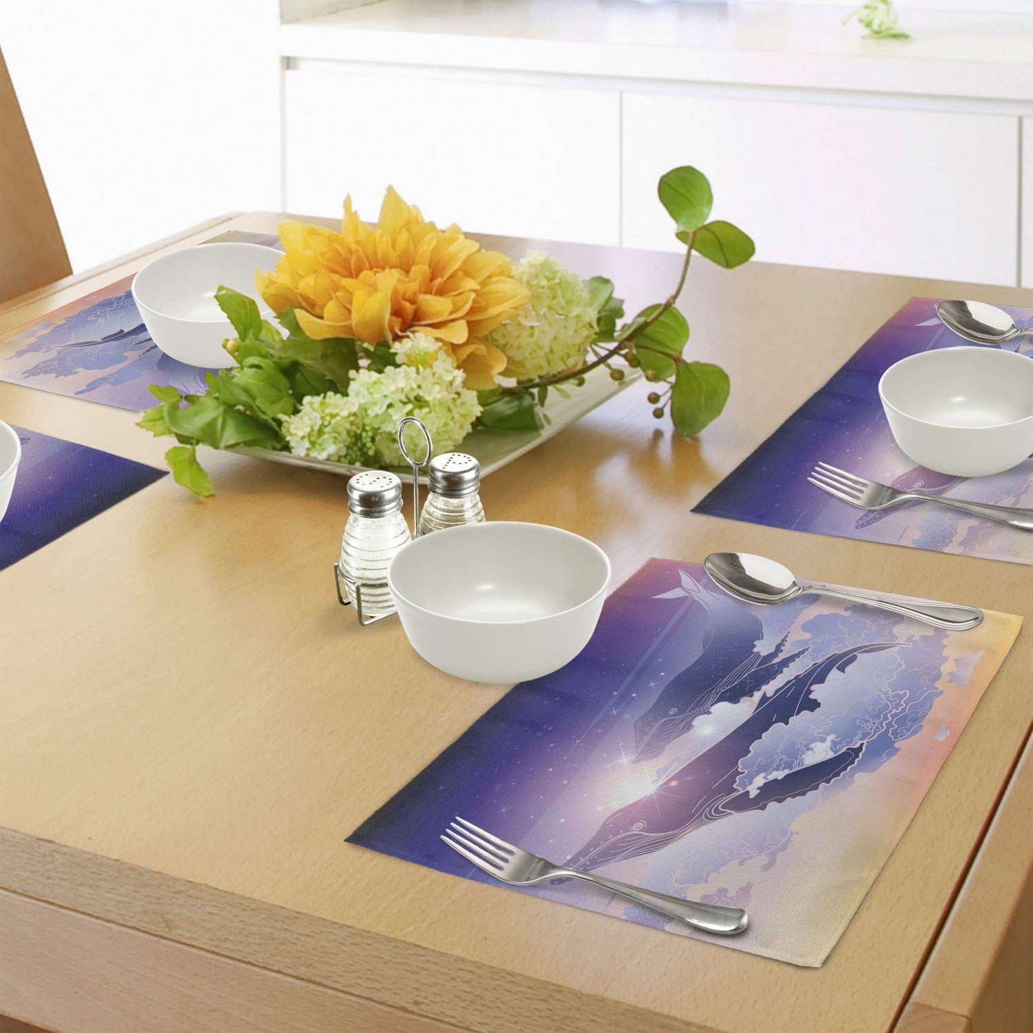 Ambesonne Whale Place Mats Set of 4 - Fantasy Aquatic Design with Dreamy Night Sky & Clouds - Washable Fabric Table Mats for Dining Room & Kitchen Decor in Peach, Lilac & Dark Blue - Perfect for Beach House, Ocean-Themed Parties & Coastal Home Decor