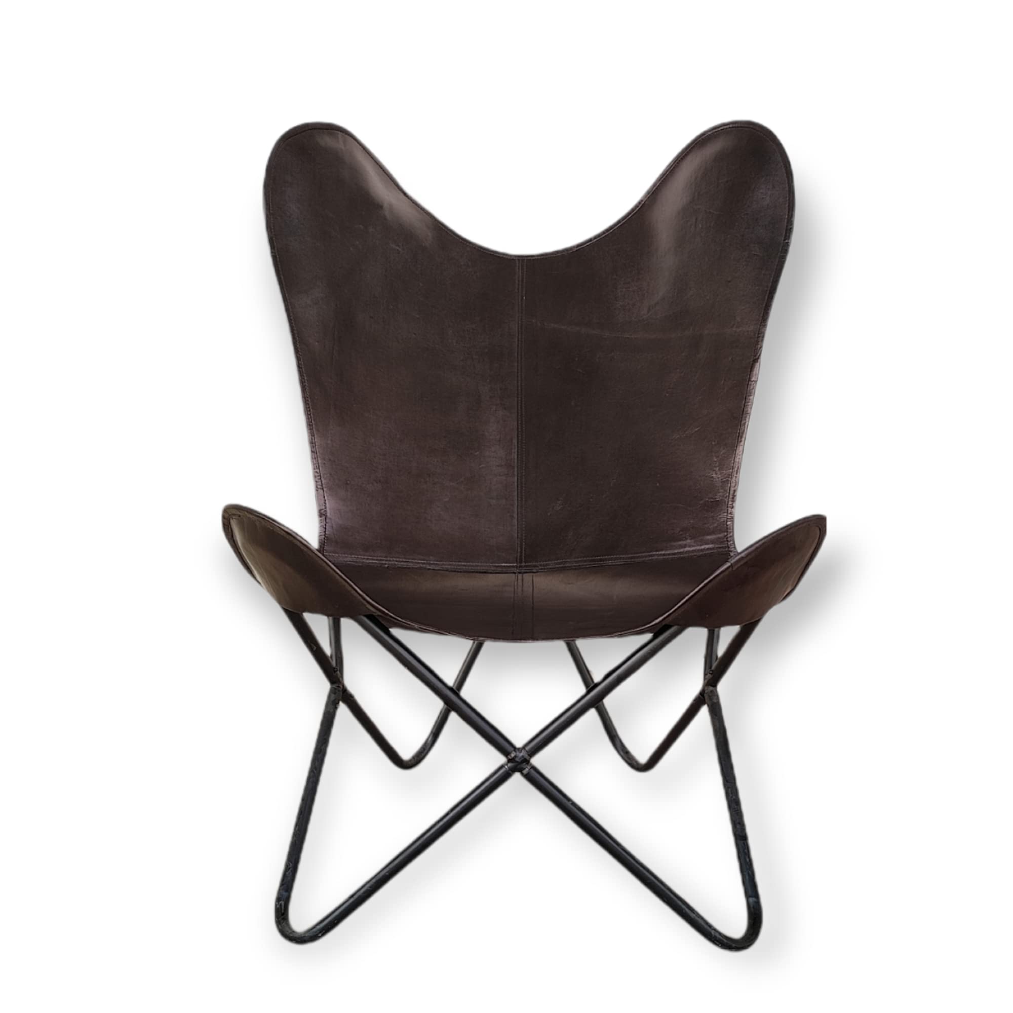 GifteQ Brown Leather Butterfly Chair with Foldable Iron Frame - Cow Print Boho Accent Chair for Living Room, Bedroom & Patio - Western Style Home Decor for Relaxing & Lounging (Black)