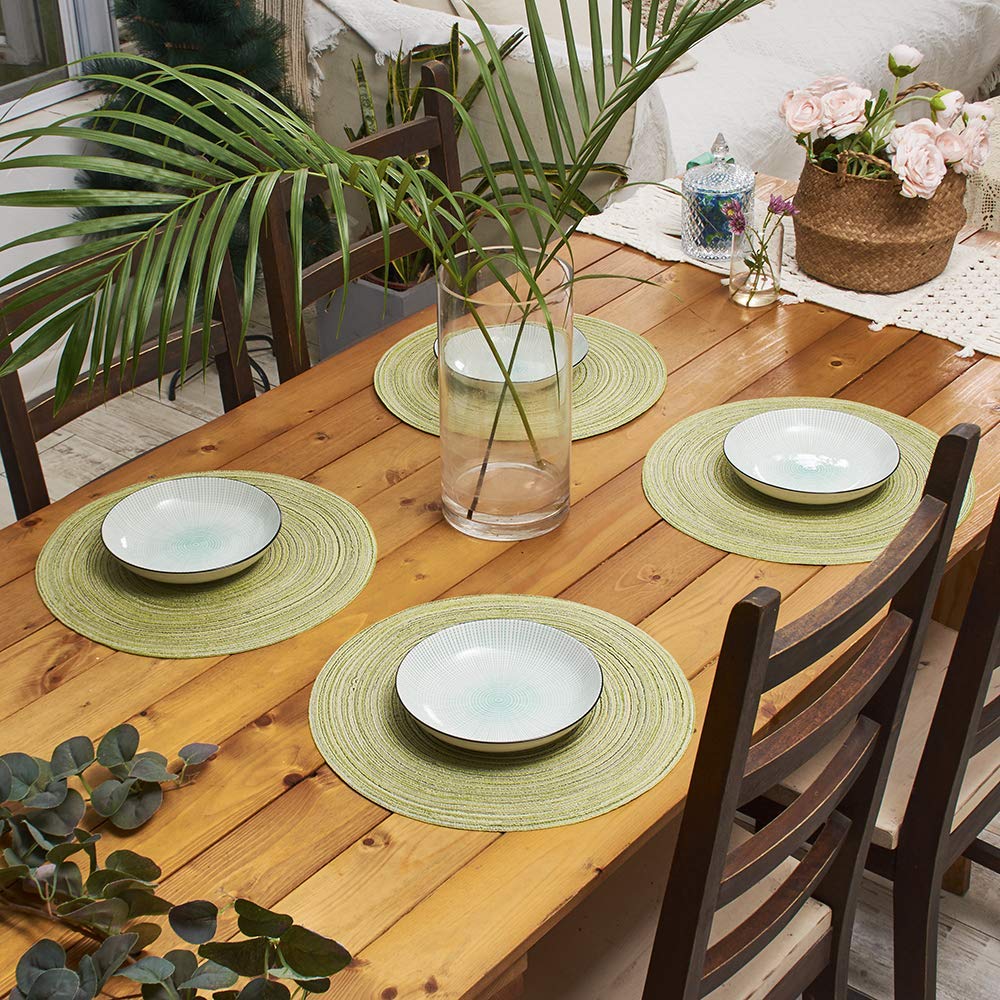 AHHFSMEI 6-Pack Round Braided Placemats - 15 Inch Natural Woven Heat-Resistant Table Mats for Dining - Light Green | Perfect for Dinner Parties, Kitchen Decor & Holiday Table Settings