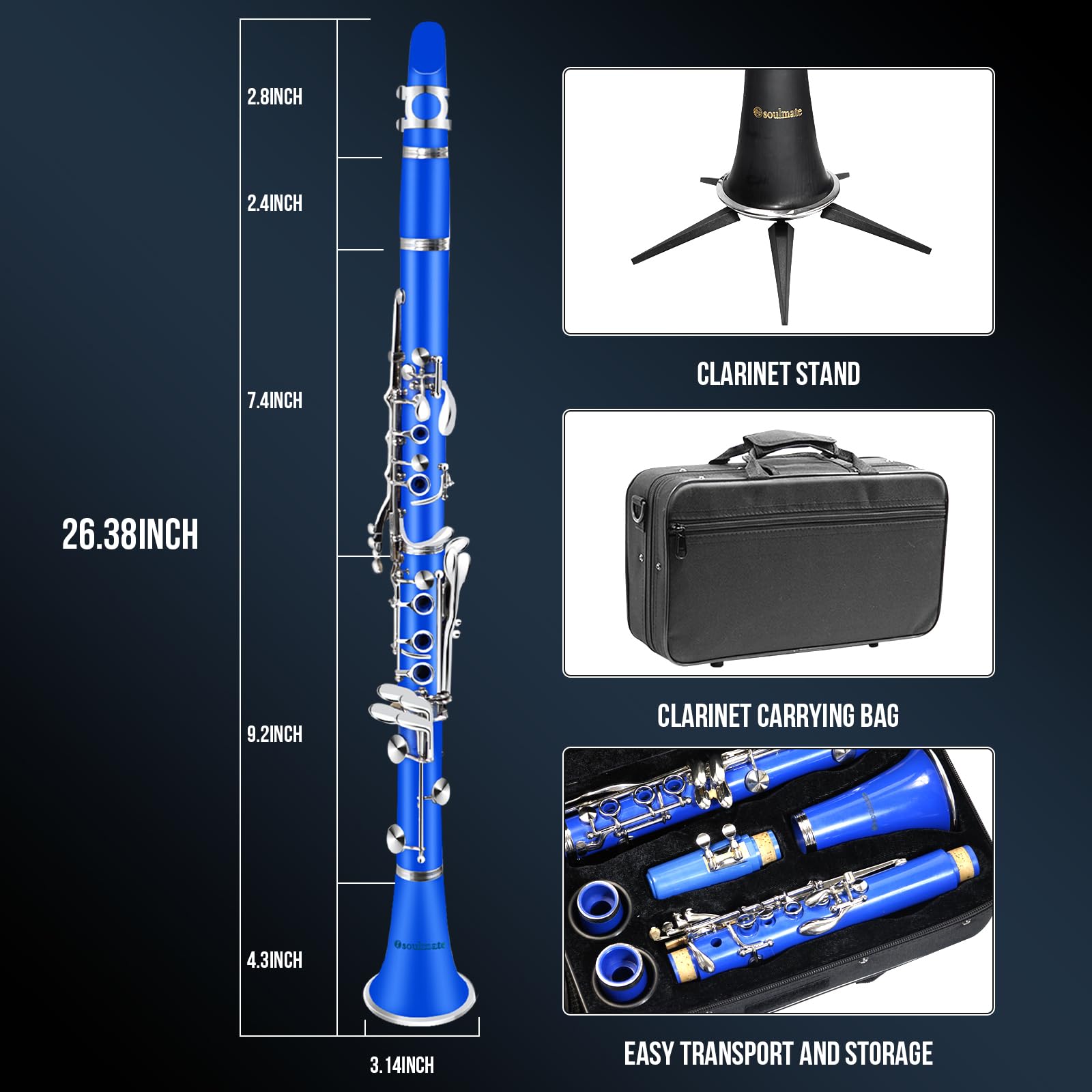 Soulmate Bb Flat 17 Nickel Keys Beginner Student Clarinet with 2 Barrels & Cleaning Kit - Blue | Perfect for School Band, Music Lessons & Practice at Home