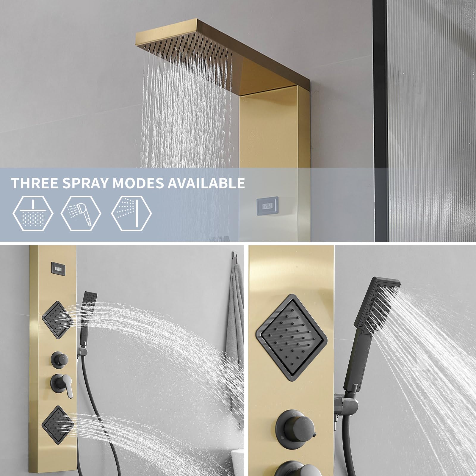 Brushed Gold Shower Panel System with Massage Body Jets - Adjustable Stainless Steel Stand Shower Column Wall Mount - Luxury Bathroom Upgrade for Spa-Like Experience