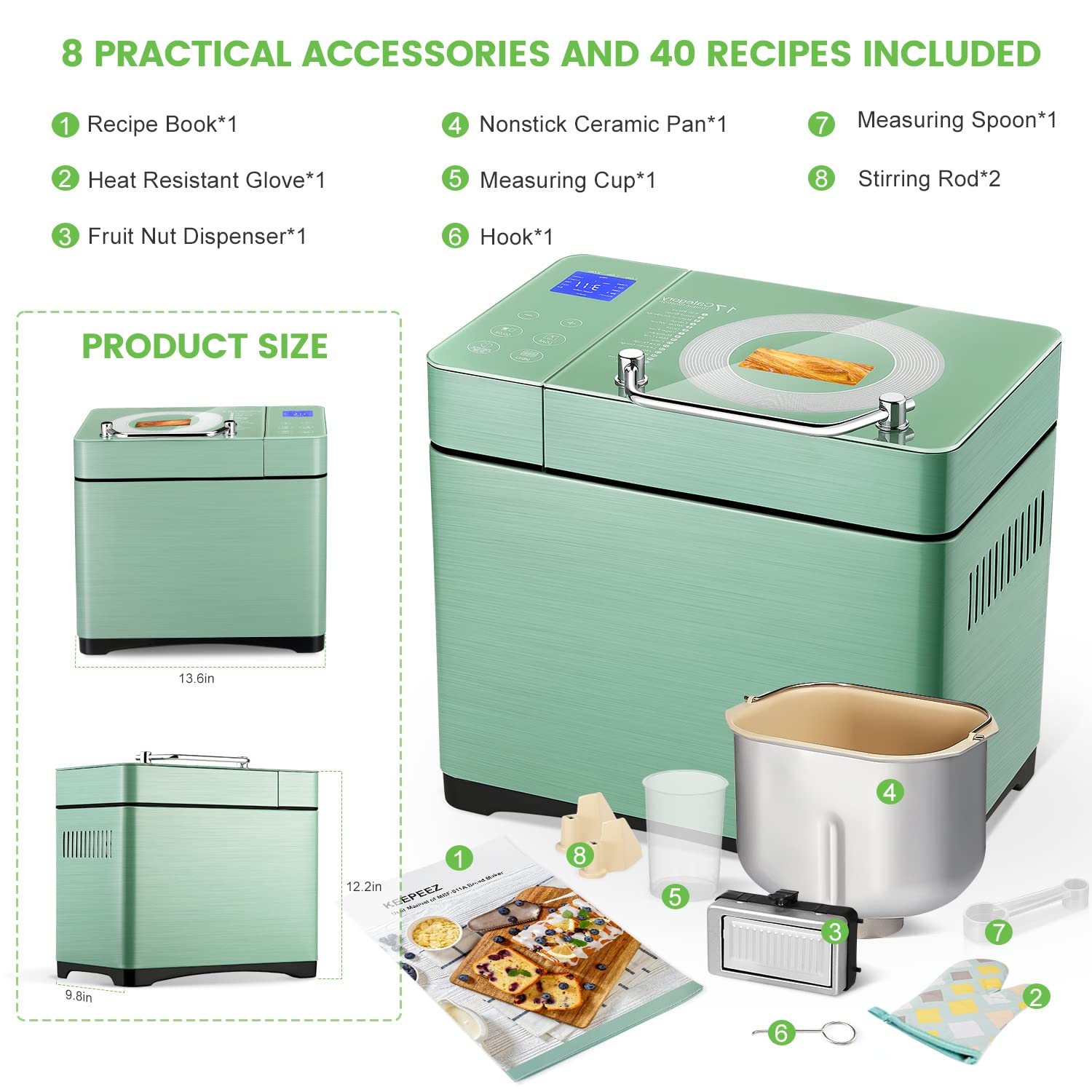 17-in-1 Multifunctional Bread Maker Machine with Dual Heaters - 2.2LB Large Capacity, Non-Stick Ceramic Pan & Auto Fruit Dispenser - Stainless Steel Bread Maker with Touch Panel, 15H Timer & Keep Warm Function - Perfect for Home Baking, Fresh Bread, Gluten-Free & Artisan Loaves