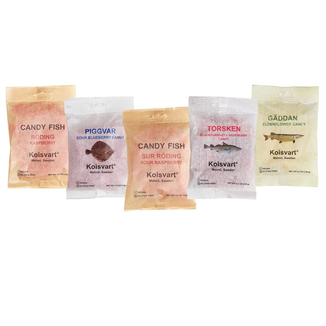 Kolsvart Swedish Candy Variety Pack - 5 Flavors (Raspberry, Blackcurrant, Sour Blueberry, Elderflower) 4.2oz - Perfect for Parties, Gifts & Swedish Food Lovers