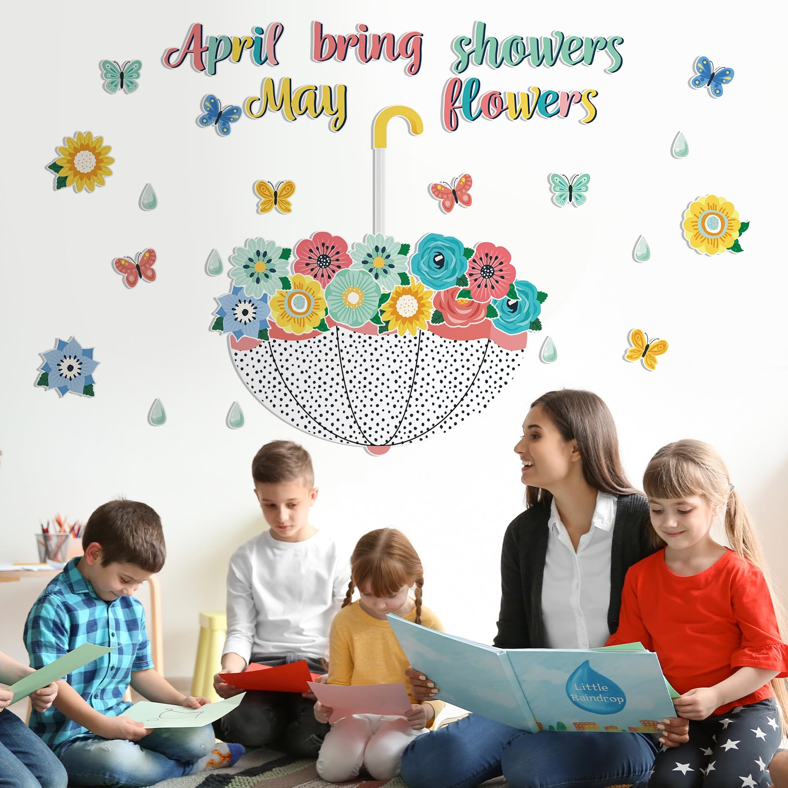 Gueevin Spring Bulletin Board Decorations - April Showers Bring May Flowers Cutouts for Classroom, Whiteboard, Window & Home Party Decor (Simple Style) - Perfect for Spring Classroom Themes, Seasonal Displays & DIY Home Decor