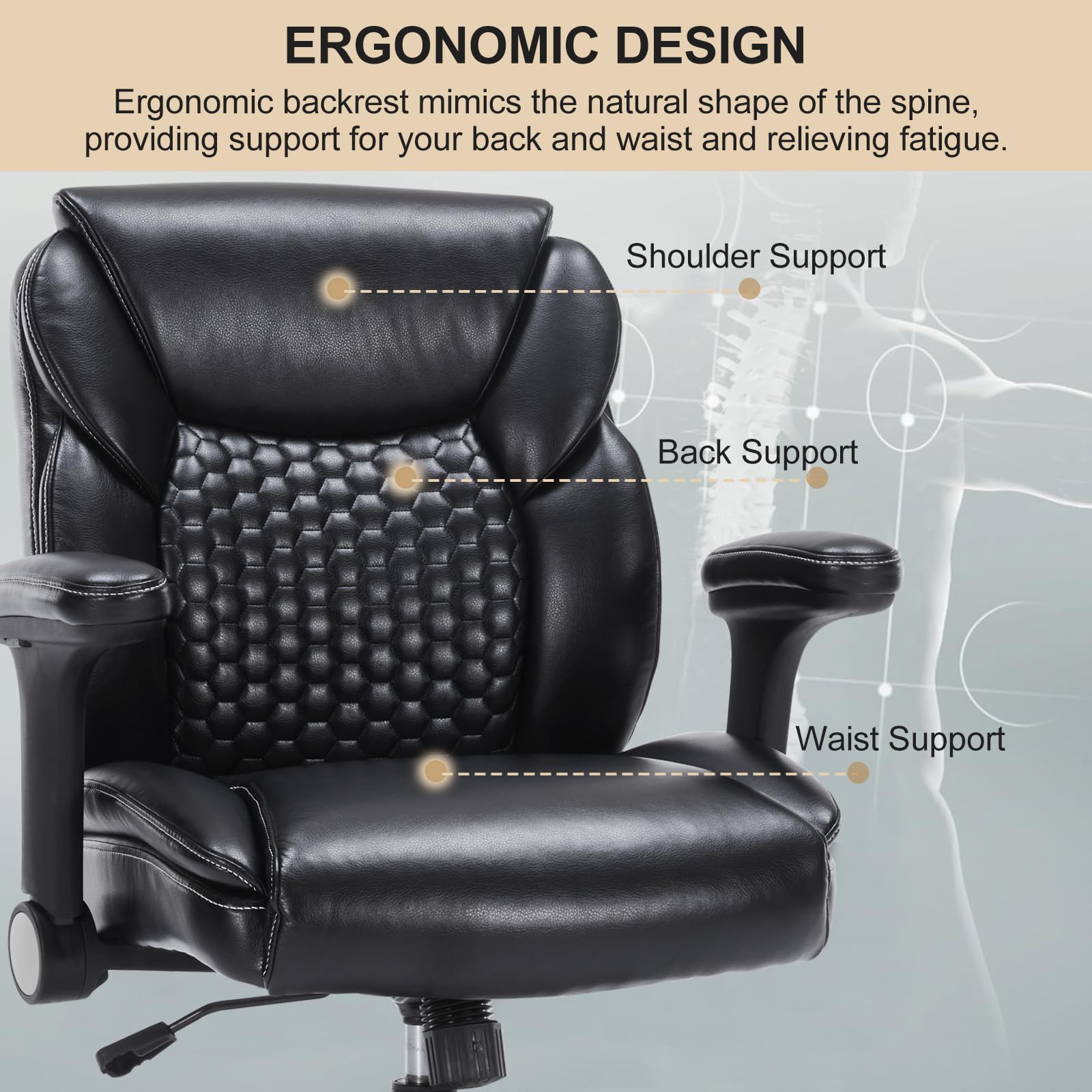 Ergonomic Drafting Chair with Adjustable Arms & Foot Ring - PU Leather High Office Chair for Counter Height Desks, Swivel Computer Stool (Black) - Perfect for Architects, Designers & Home Office Workspaces