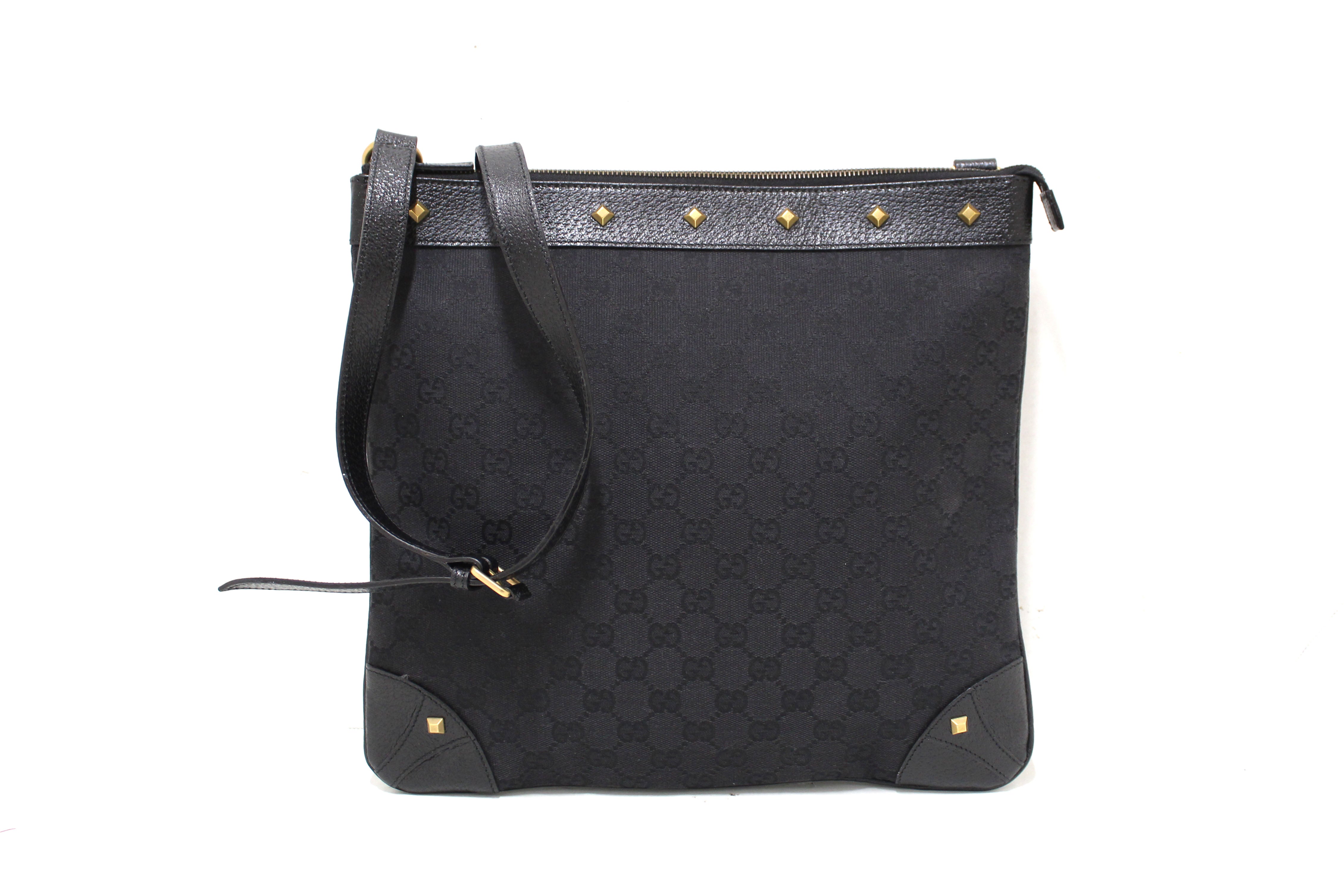 Authentic Gucci Black GG Monogram Coated Canvas Messenger Bag with Gold Rockstud Details - Perfect for Work, Travel & Luxury Fashion Accessories