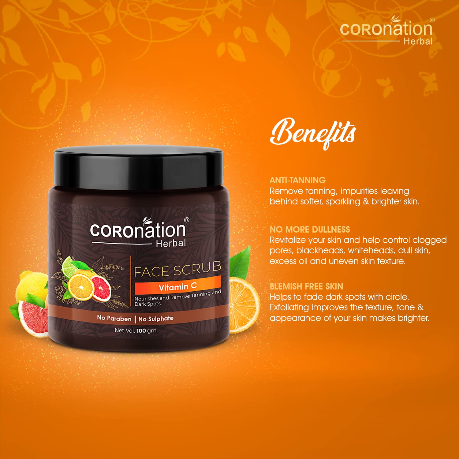 Coronation Herbal Vitamin C Face Scrub for Men & Women - Brightening Exfoliator for Acne Control, Tan & Dark Spot Removal | Nourishes Skin & Reveals Glow | Perfect for Daily Skincare Routine & Post-Sun Care