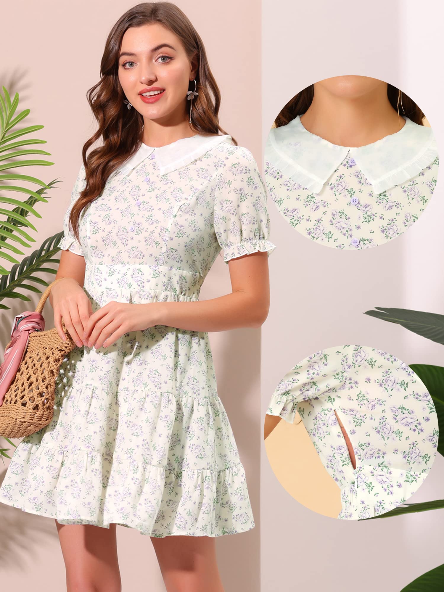 Allegra K Women's Floral Tiered Hem Flare Dress with Peter Pan Collar - Perfect for Summer Weddings, Garden Parties & Casual Outings