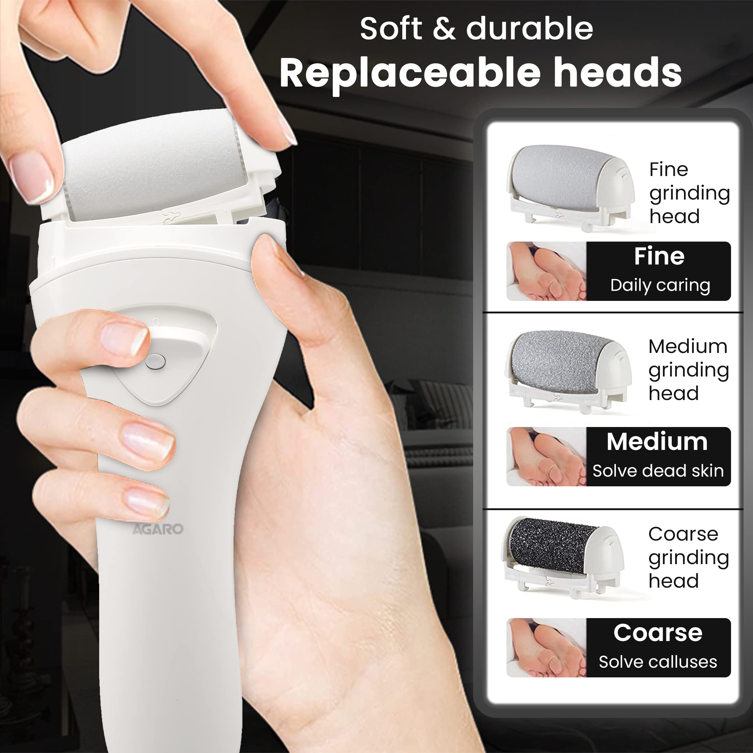Agaro Electric Callus Remover with 3 Replaceable Heads - Professional Foot File for Dead Skin & Hard Callus Removal - Perfect for At-Home Pedicure & Foot Care Routine