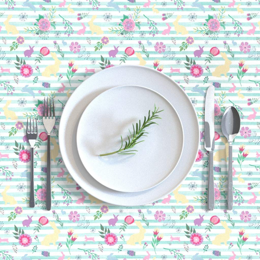 Custom Cotton Sateen Tablecloth 70x144 Inches - Mint Floral Bunny Stripe Spring Easter Design in Purple Green Blue Pink | Perfect for Dining Tables, Kitchen Decor, Party Decorations & Easter Celebrations