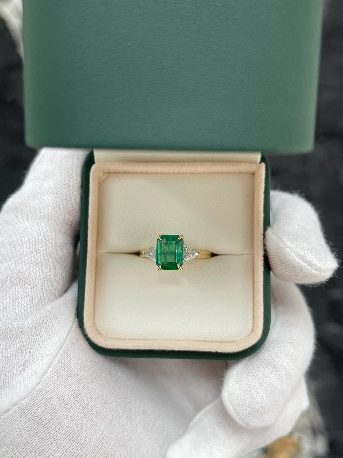 2.37 Carat Emerald Cut Emerald & Trillion Diamond Side Stones Engagement Ring - Perfect for Proposals, Weddings, and Anniversary Gifts