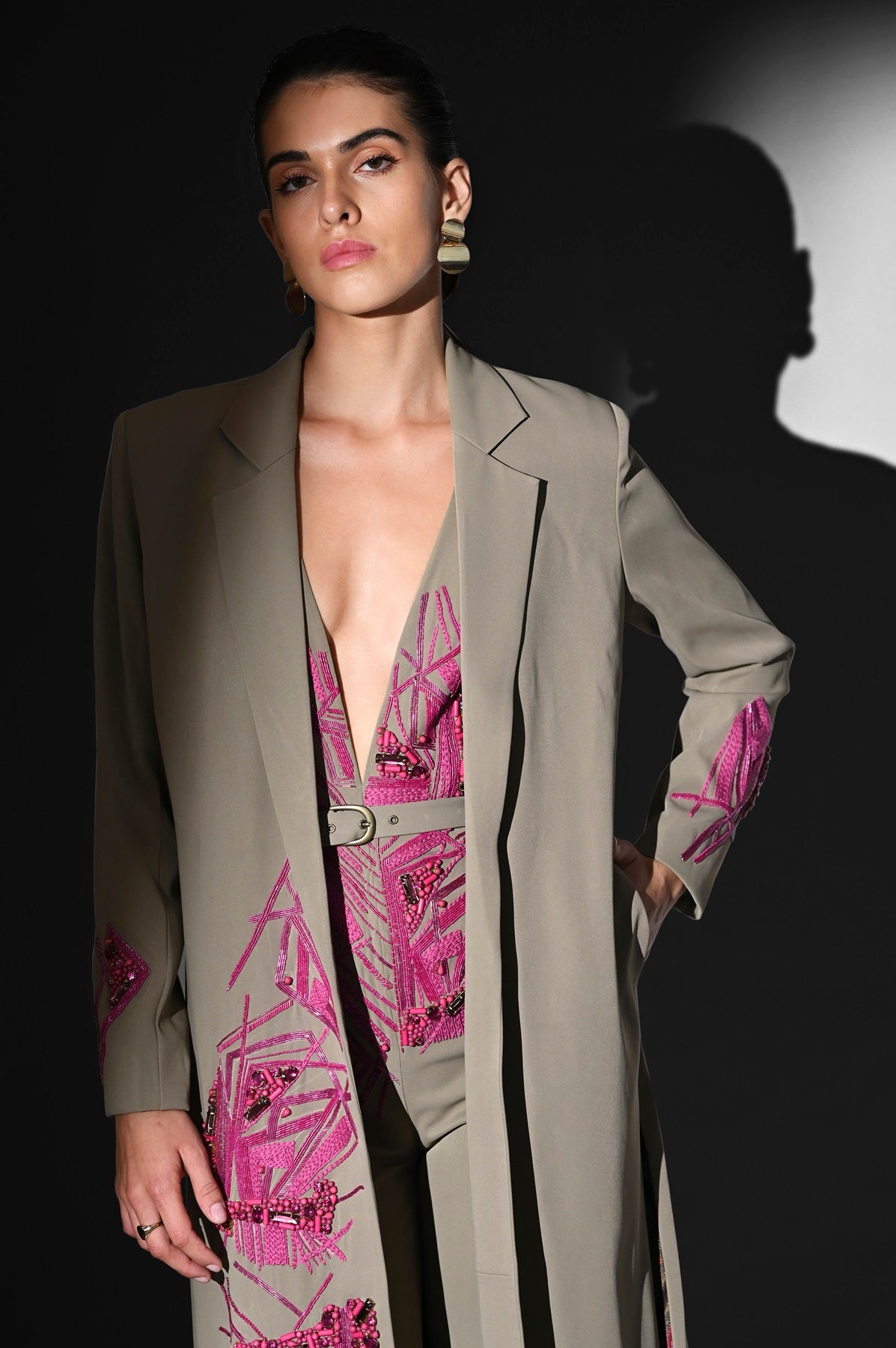 Elegant Beige Jumpsuit with Fuchsia Hand-Thread Embroidery - Perfect for Casual Outings, Parties & Special Occasions