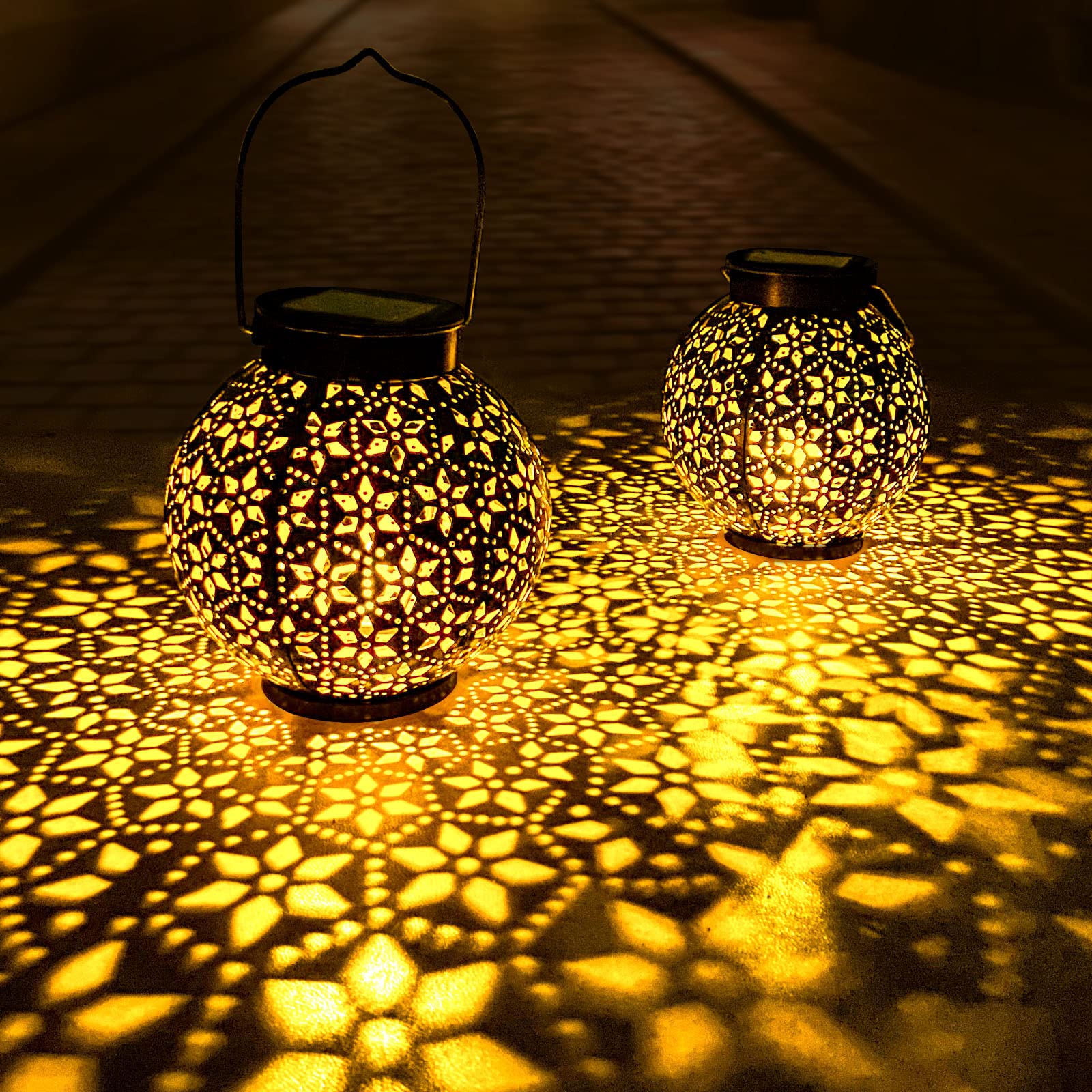 2 Pack Outdoor Solar Lantern Lights - Waterproof LED Moroccan Tabletop & Hanging Metal Garden Lights for Patio, Lawn, Porch, Backyard | Perfect for Evening Gatherings, Wedding Decor & Pathway Lighting