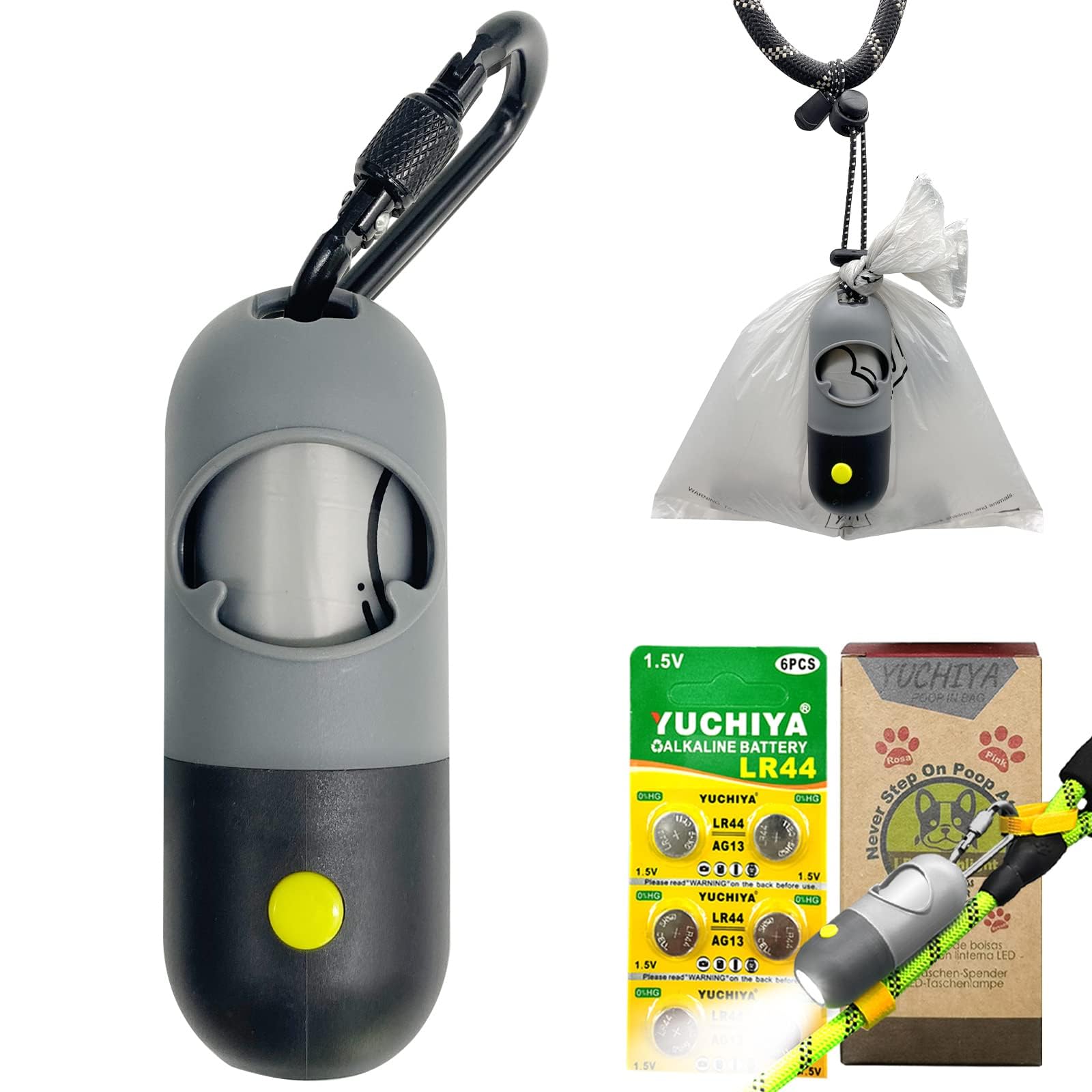 LED Dog Poop Bag Holder with Flashlight - Leash Attachable Pet Waste Dispenser | Leak-Proof Doggie Potty Bags Container with 15 Refill Bags (Grey/Black) - Perfect for Night Walks, Park Visits & Outdoor Adventures