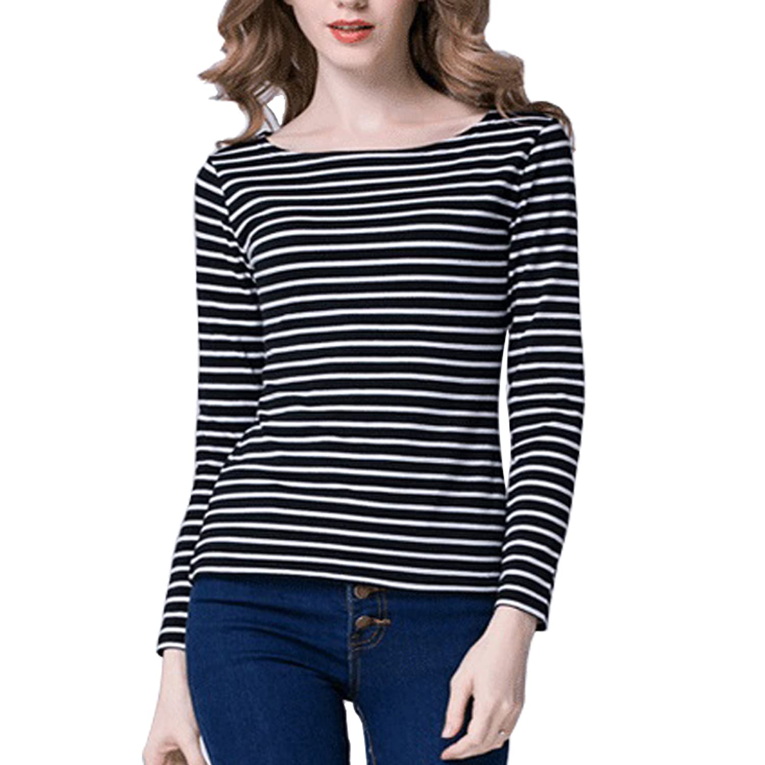 Tulucky Women's Casual Long Sleeve Striped T-Shirt - Round Neck Basic Top for Everyday Wear | Perfect for Office, Weekend Outfits & Layering