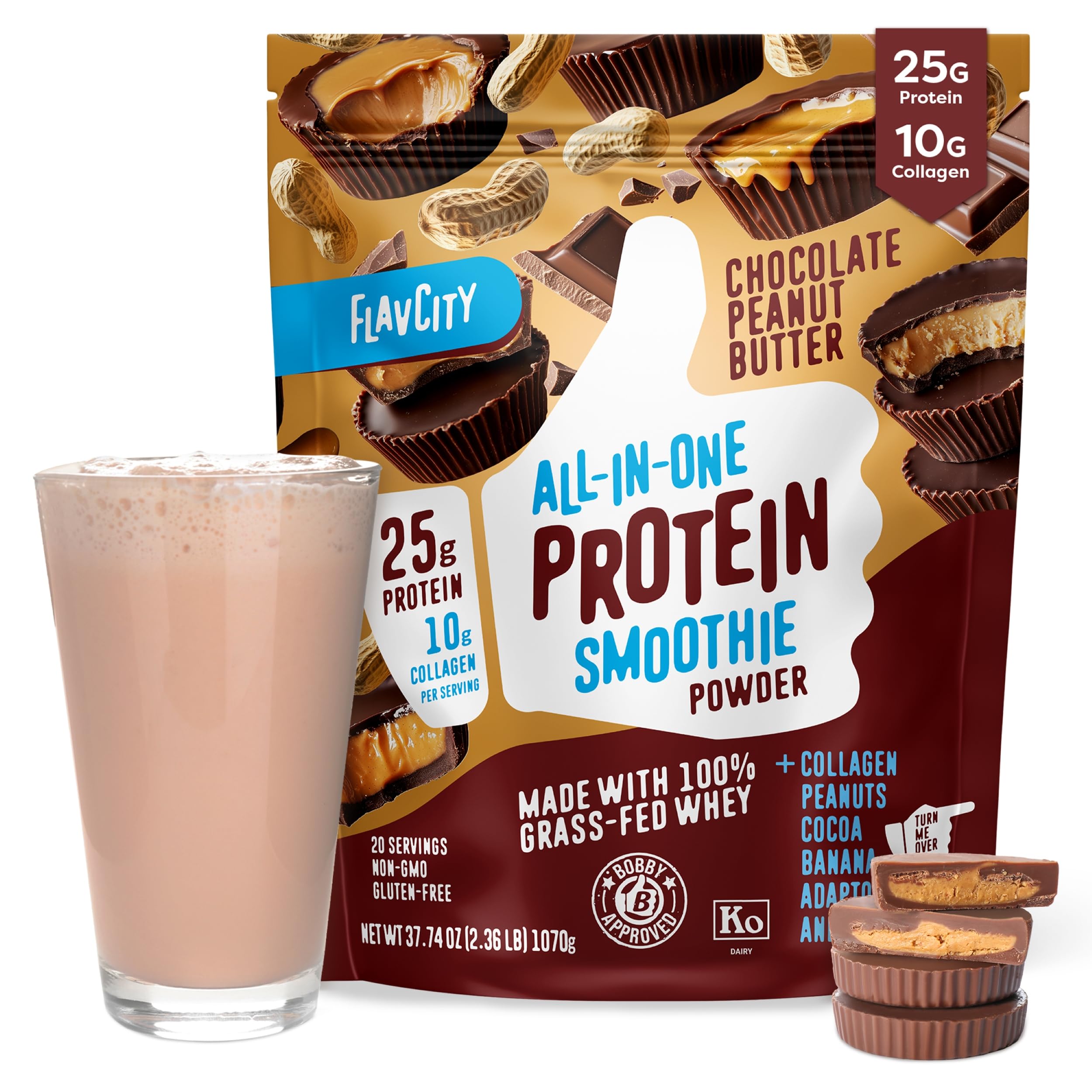 FlavCity Chocolate Peanut Butter Protein Powder Smoothie - 100% Grass-Fed Whey Protein with Collagen (25g Protein) | Gluten Free, No Added Sugars, 37.74 oz | Perfect for Post-Workout Recovery & Healthy Breakfast Smoothies