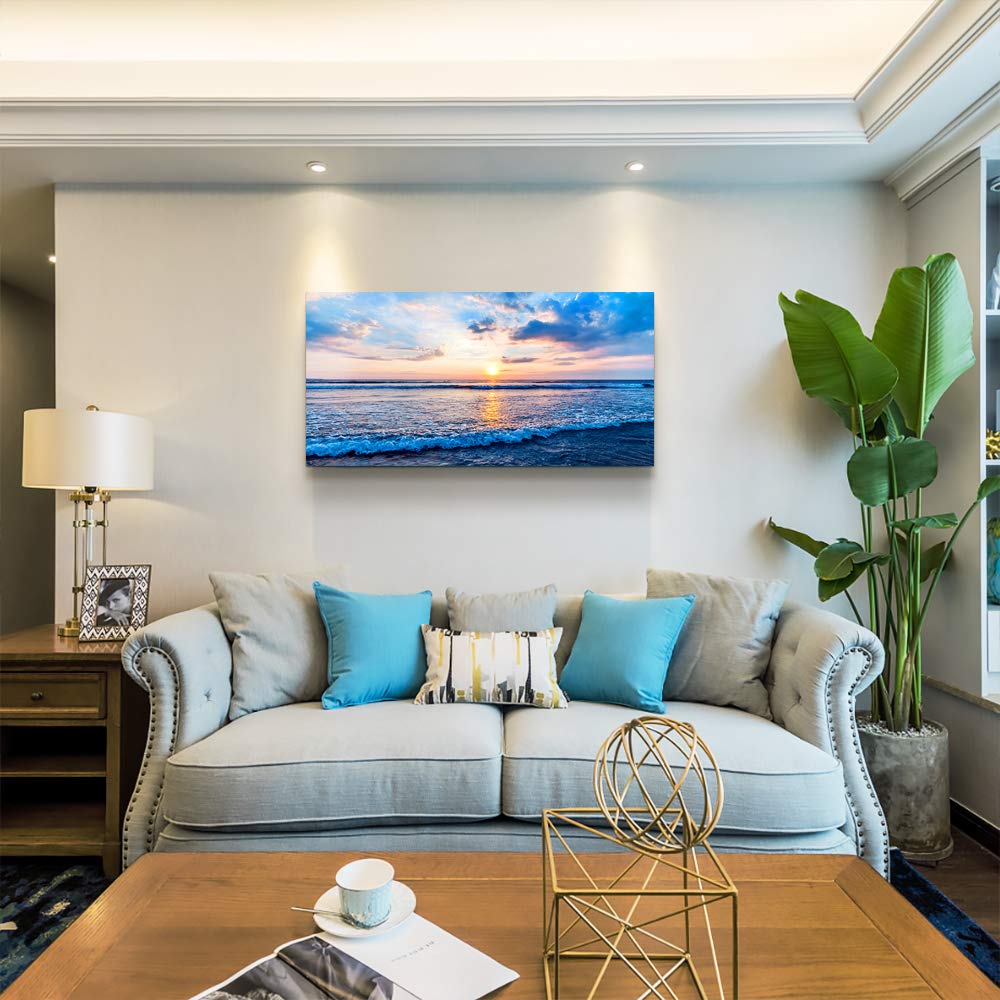 Blue Beach Ocean Waves Canvas Wall Art - Ready to Hang Landscape Painting for Living Room, Bedroom, Kitchen & Bathroom Decor - Inspirational Sea Wall Mural & Home Decorations (Perfect for Coastal, Nautical or Beach House Themes)