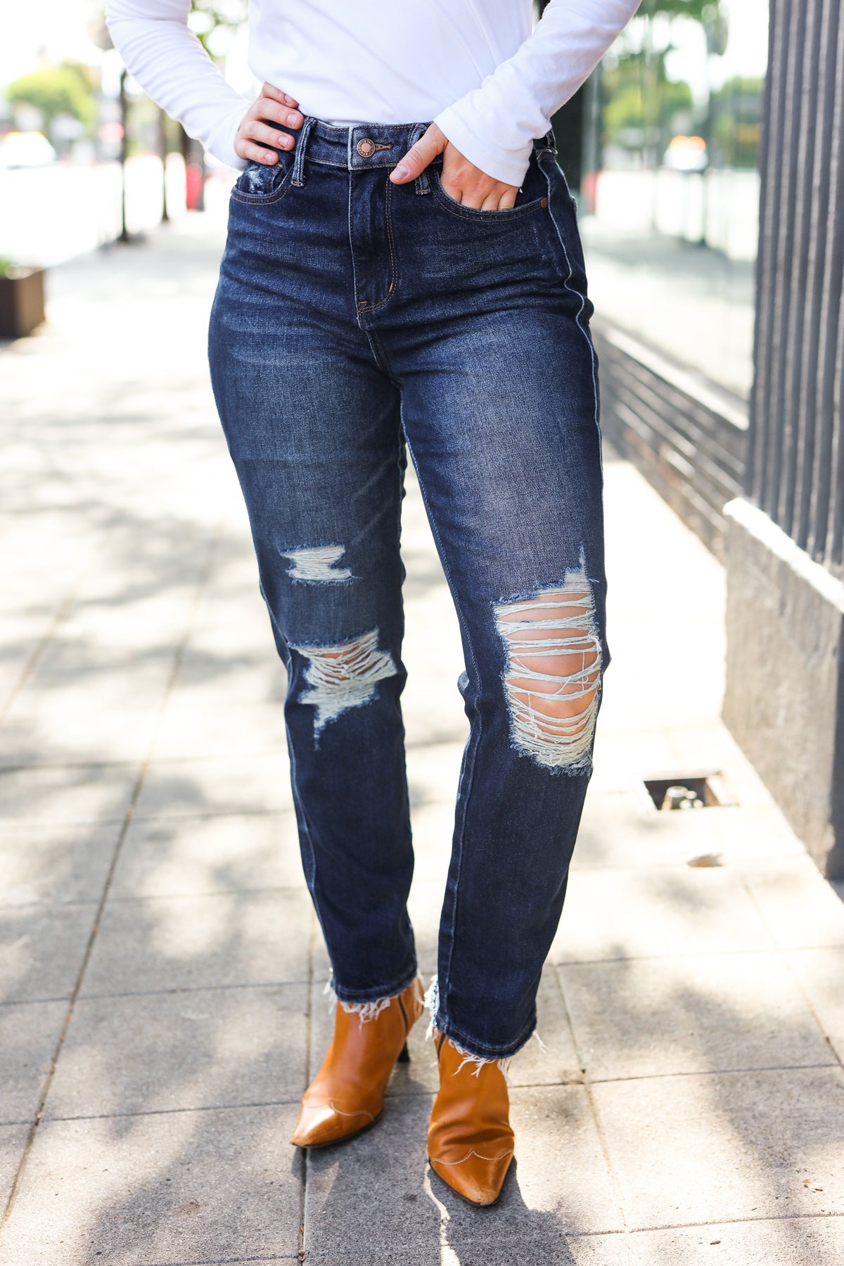 Judy Blue Women's Dark Wash Mid Rise Distressed Straight Leg Jeans - Comfortable & Stylish for Casual Wear, Work & Everyday Outfits