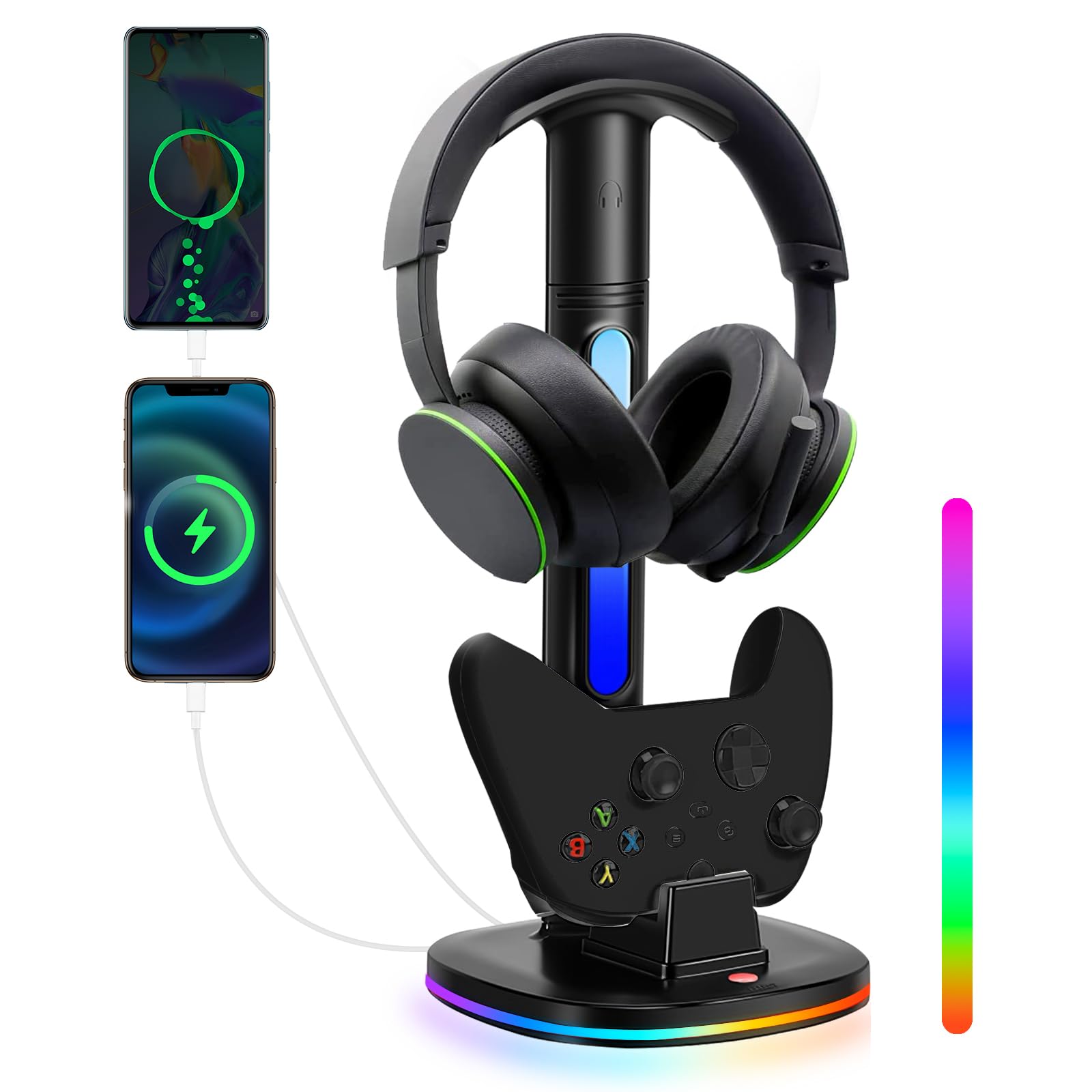 Xbox Controller Charger Station with RGB Headphone Stand - Dual USB Port Charging Dock for Xbox Series X|S, Elite 2, One X, One S & One Elite Controllers - Perfect Gaming Setup Accessory for Xbox Charging & Headset Organization