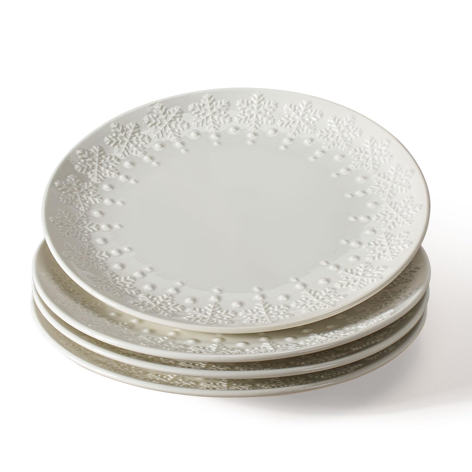 4-Piece Ceramic Salad Plates Set - 8.25 Inch Modern White Embossed Appetizer & Dessert Plates - Microwave, Oven & Dishwasher Safe Small Dinnerware (Snowflake Design) - Perfect for Parties, Restaurants & Everyday Dining