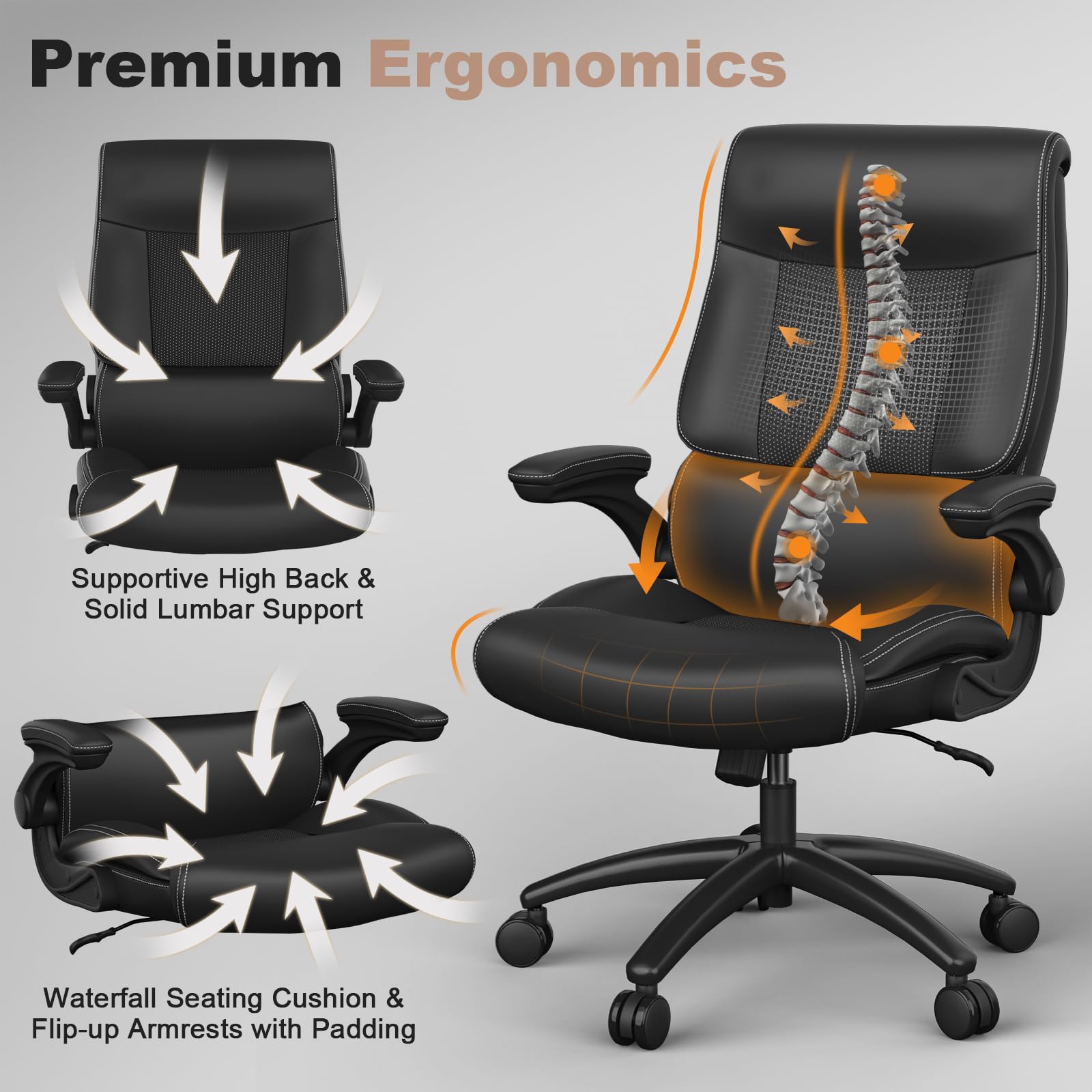 Ergonomic Big and Tall Office Chair - 500LBS Weight Capacity PU Leather Executive Chair with Adjustable Lumbar Support & Flip-Up Armrests - High Back Desk Chair for Home Office, Gaming, and Workspaces - Black
