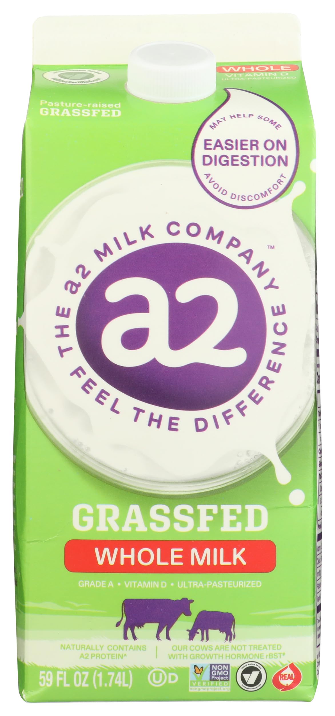 A2 Grass-Fed Whole Milk - 59 oz (1.75L) - Rich & Creamy Natural Milk for Coffee, Baking & Healthy Breakfast - Lactose Friendly Dairy Product