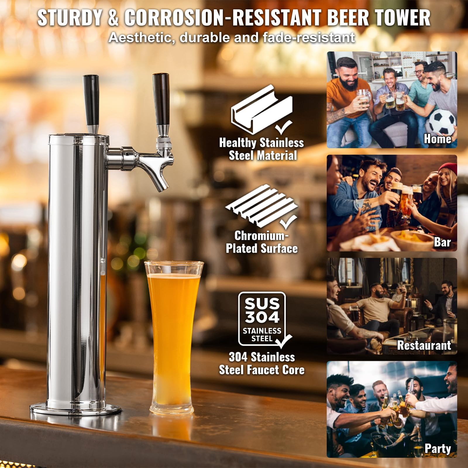 VEVOR Dual Tap Kegerator Tower Kit - Stainless Steel Beer Dispenser with CGA320 Regulator & D-System Coupler for Home Bars, Parties & Commercial Use | Perfect for Draft Beer Serving & Entertaining