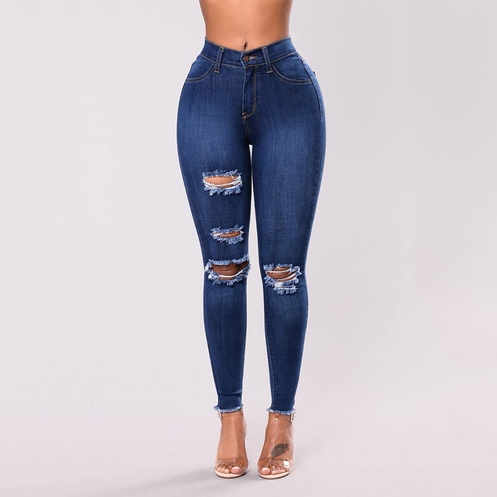 WSSBK High Waist Ripped Skinny Jeans for Women - Plus Size Denim Pencil Pants (Blue, XL) | Perfect for Casual Outfits & Streetwear Fashion