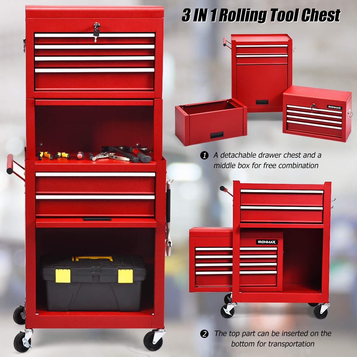 SAFSTAR 6-Drawer Rolling Tool Chest - Heavy Duty Mobile Tool Storage Cabinet with Locking Wheels & Sliding Drawers, Removable Tool Organizer for Garage, Workshop & DIY Projects (Red)