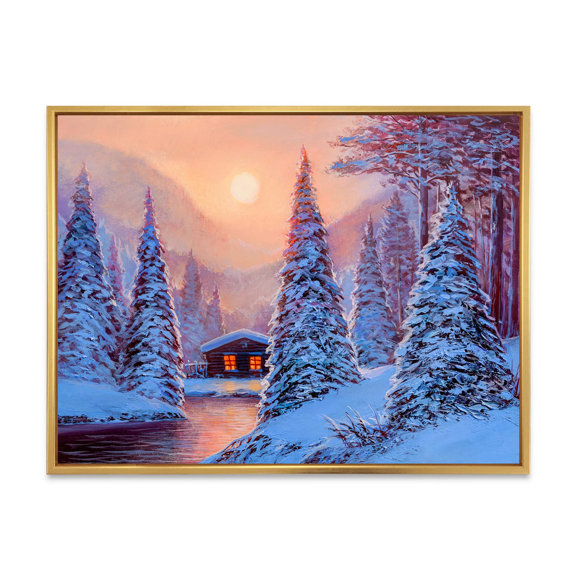 Winter Landscape & The River House In The Woods Framed Canvas Wall Art Print - Lake House Decor for Living Room, Bedroom & Office