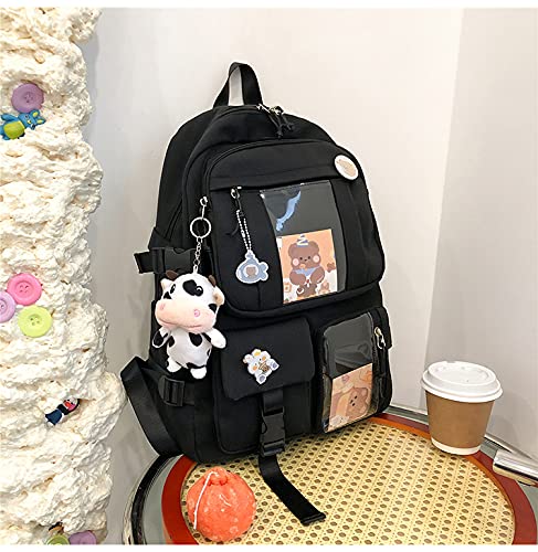 GGOOB Kawaii Backpack with Pins - Cute Aesthetic School Backpack for Girls & Teens - Lightweight Durable Bookbag for College, Travel & Daily Use (Black, Includes Accessories)