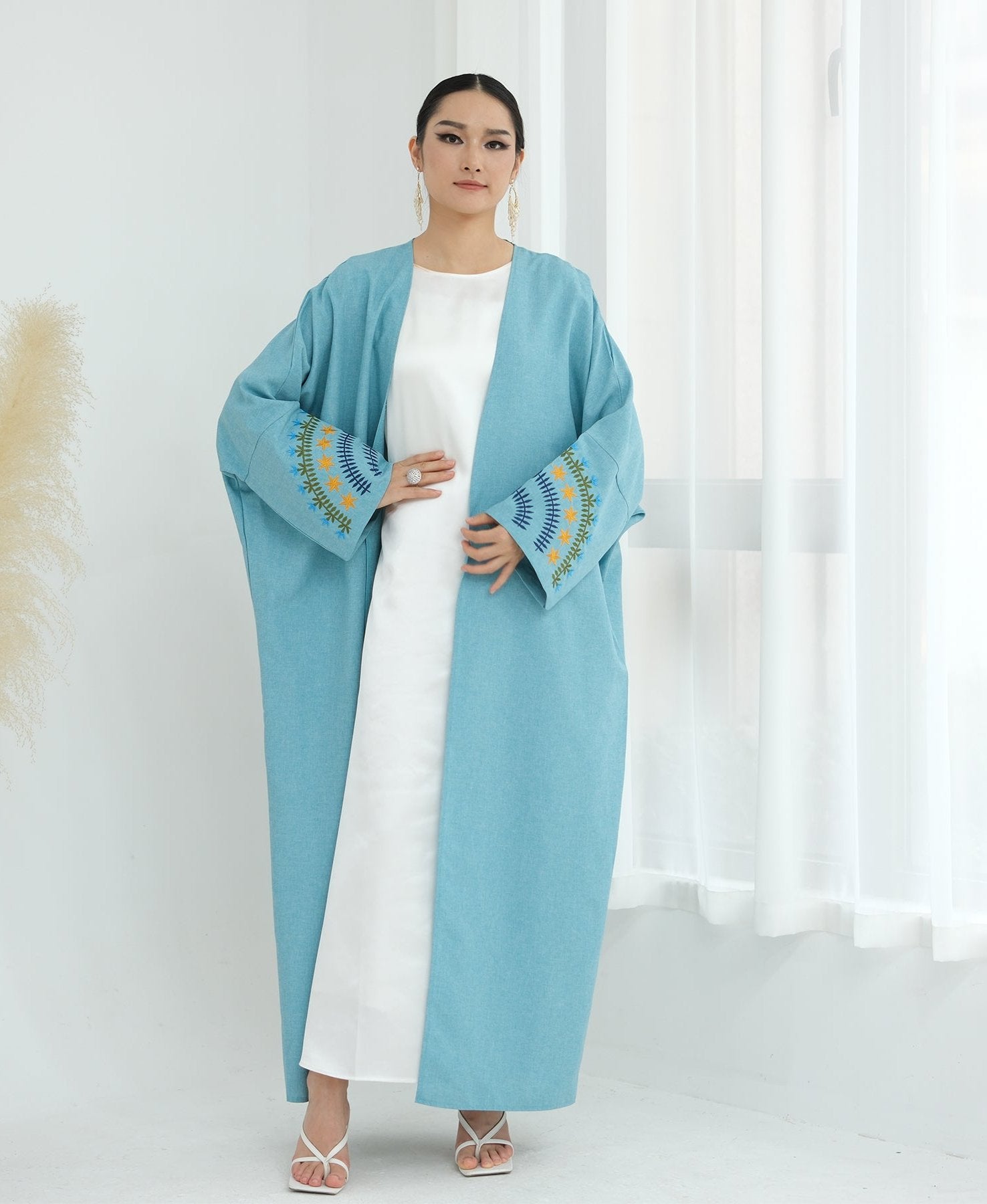 Carin Embroidered Kimono Duster Jacket - Duck Blue | Lightweight Cover-Up for Women | Perfect for Beach, Vacation & Boho Outfits