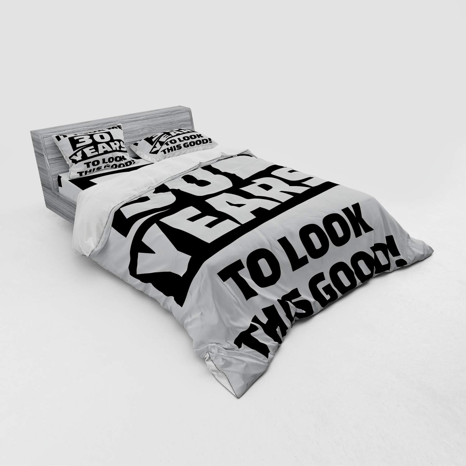 Ambesonne 30th Birthday Duvet Cover Set - Funny Pictogram Style Slogan for Middle Aged Adults, 4-Piece Queen Size Bedding Set with Pillow Shams & Fitted Sheet in Black & White | Perfect for Birthday Gifts, Adult Humor Bedroom Decor & Themed Parties