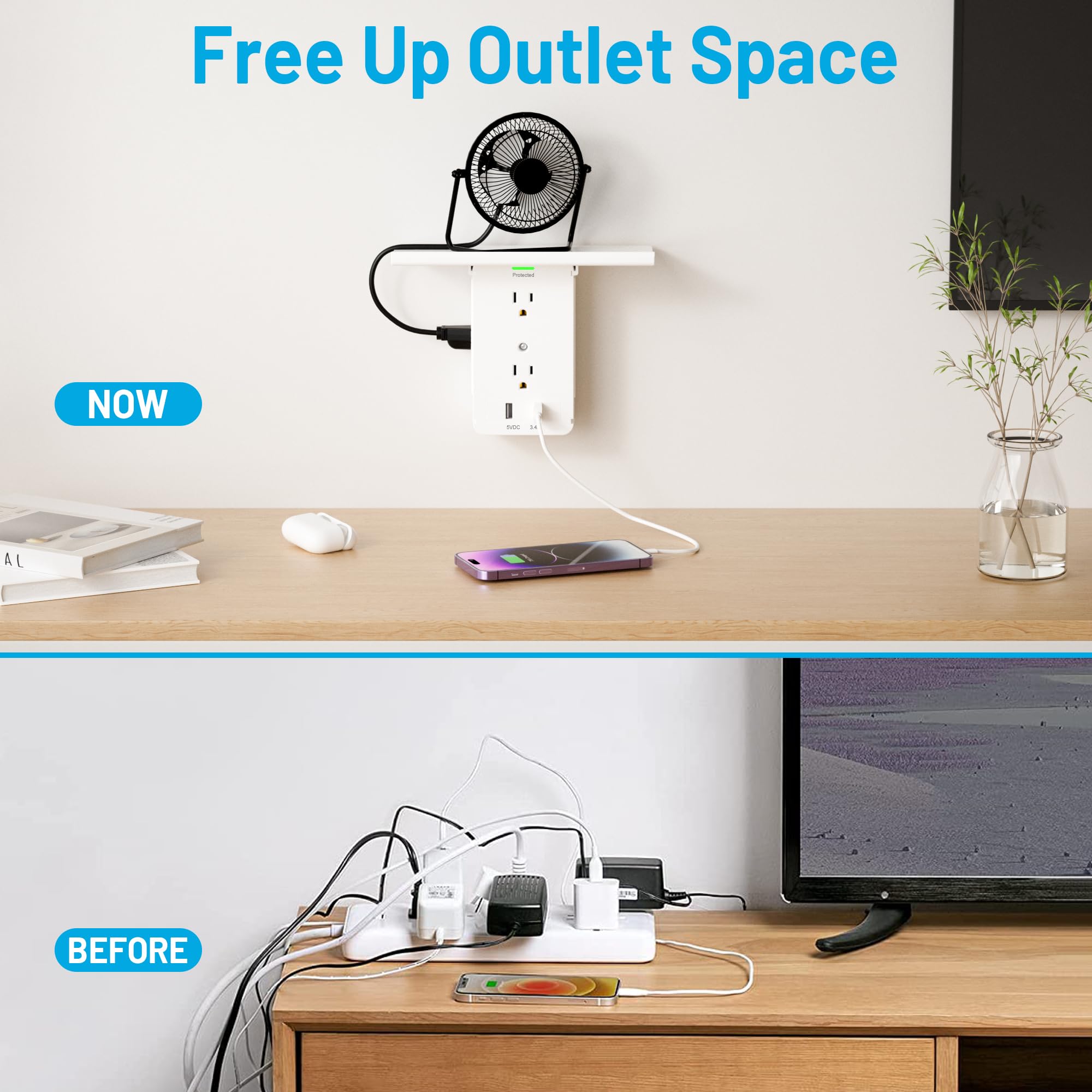 10-Outlet Wall Shelf Surge Protector with 8 AC Outlets & 2 USB Ports (2.4A) - Built-in Removable Shelf, FCC Certified - Perfect for Home Office, Bedroom, and Kitchen Organization